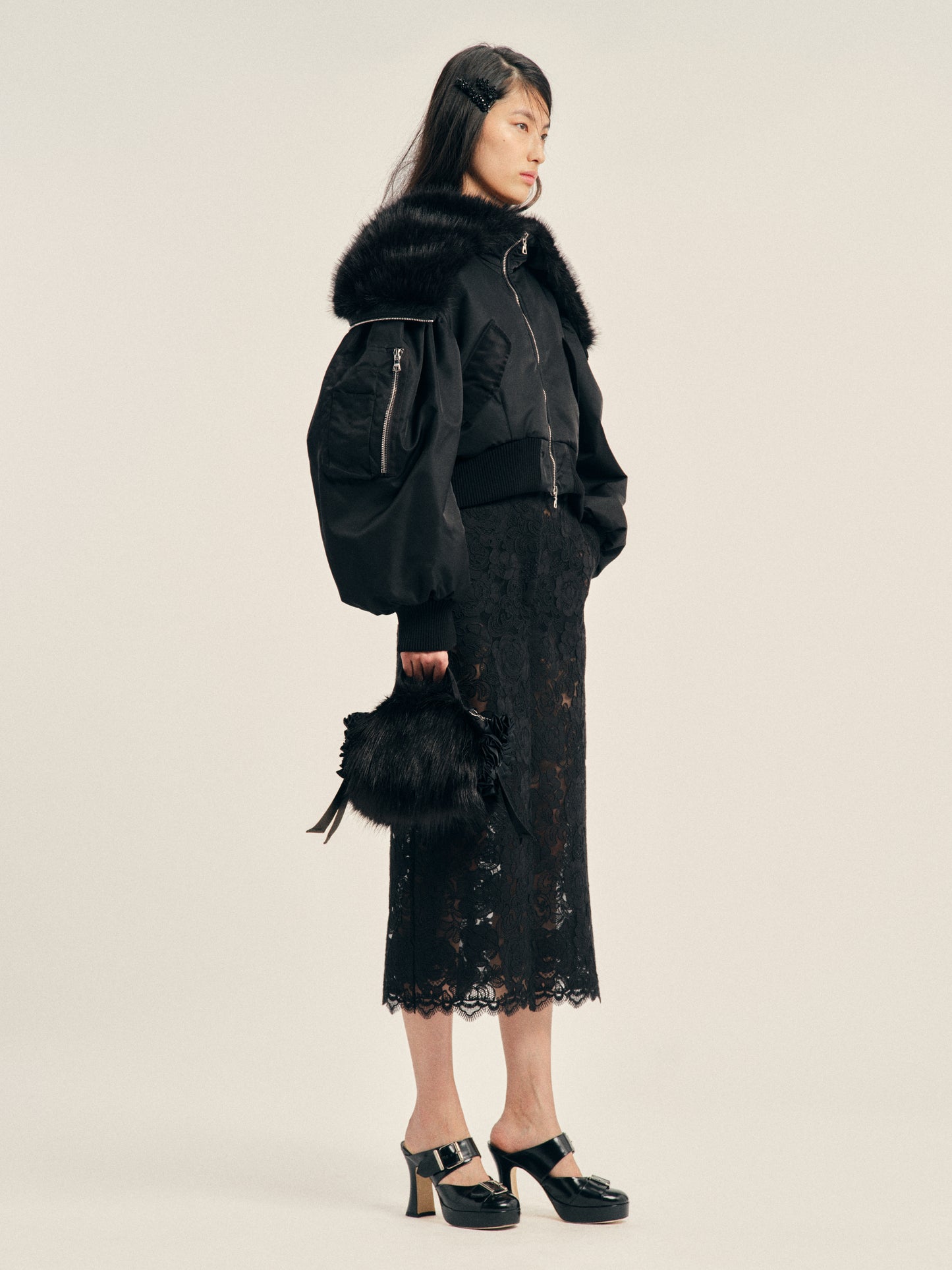 Embellished Mini Faux Fur Double Ribbon Rosette Bag
