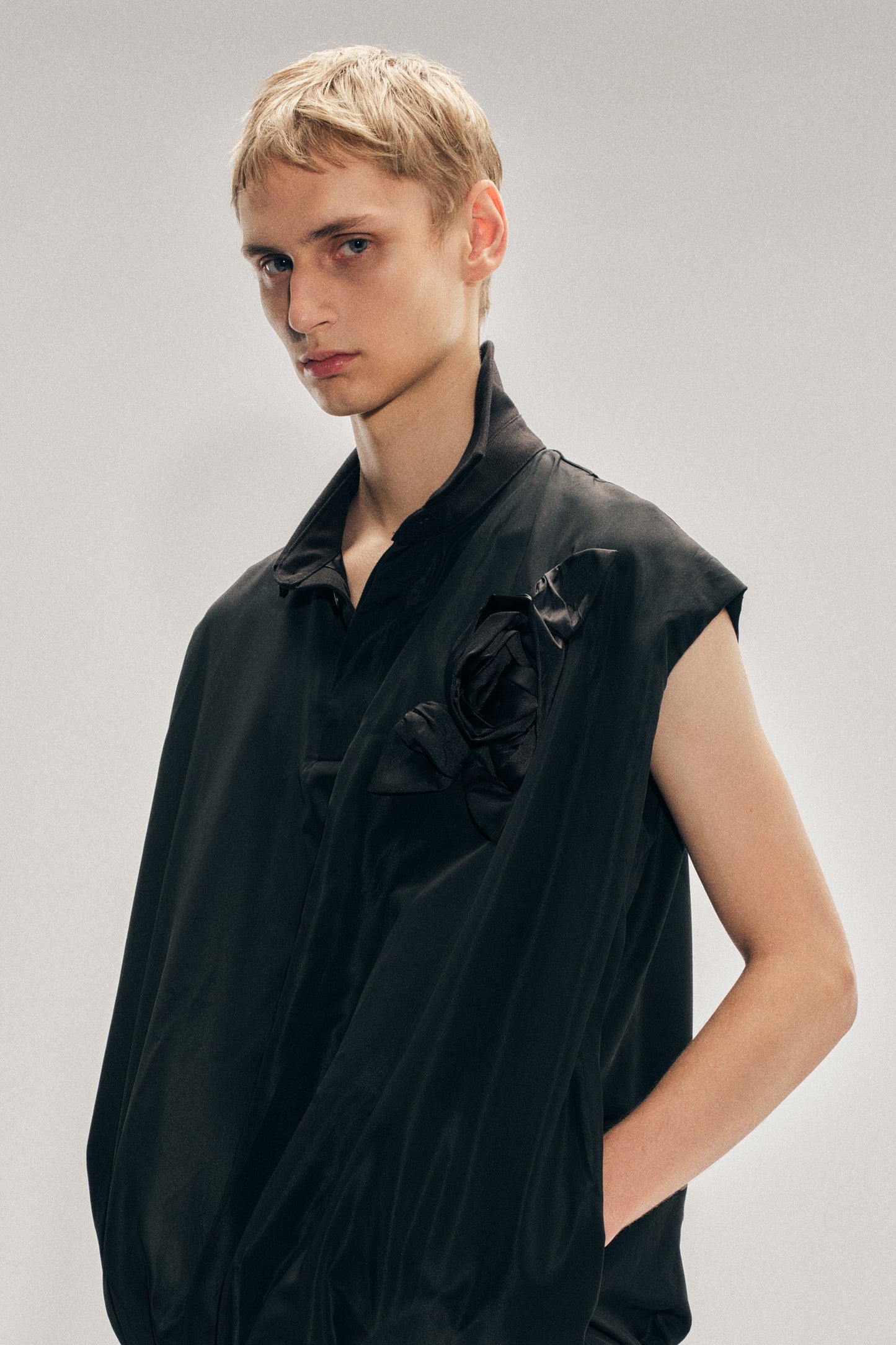 Draped Bubble Hem Pressed Rosette Top