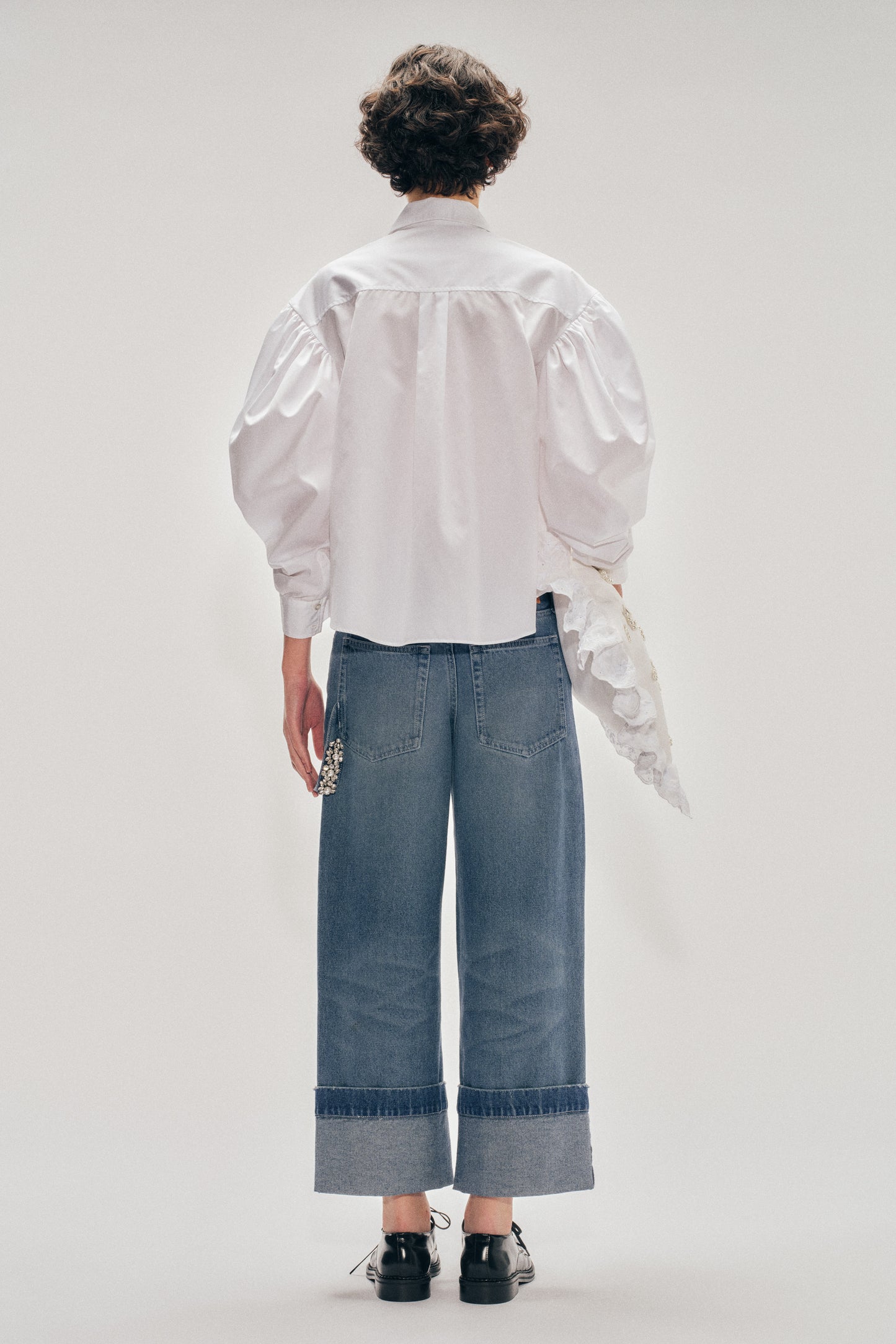 Beaded Boxy Draped Sleeve Round Collar Shirt