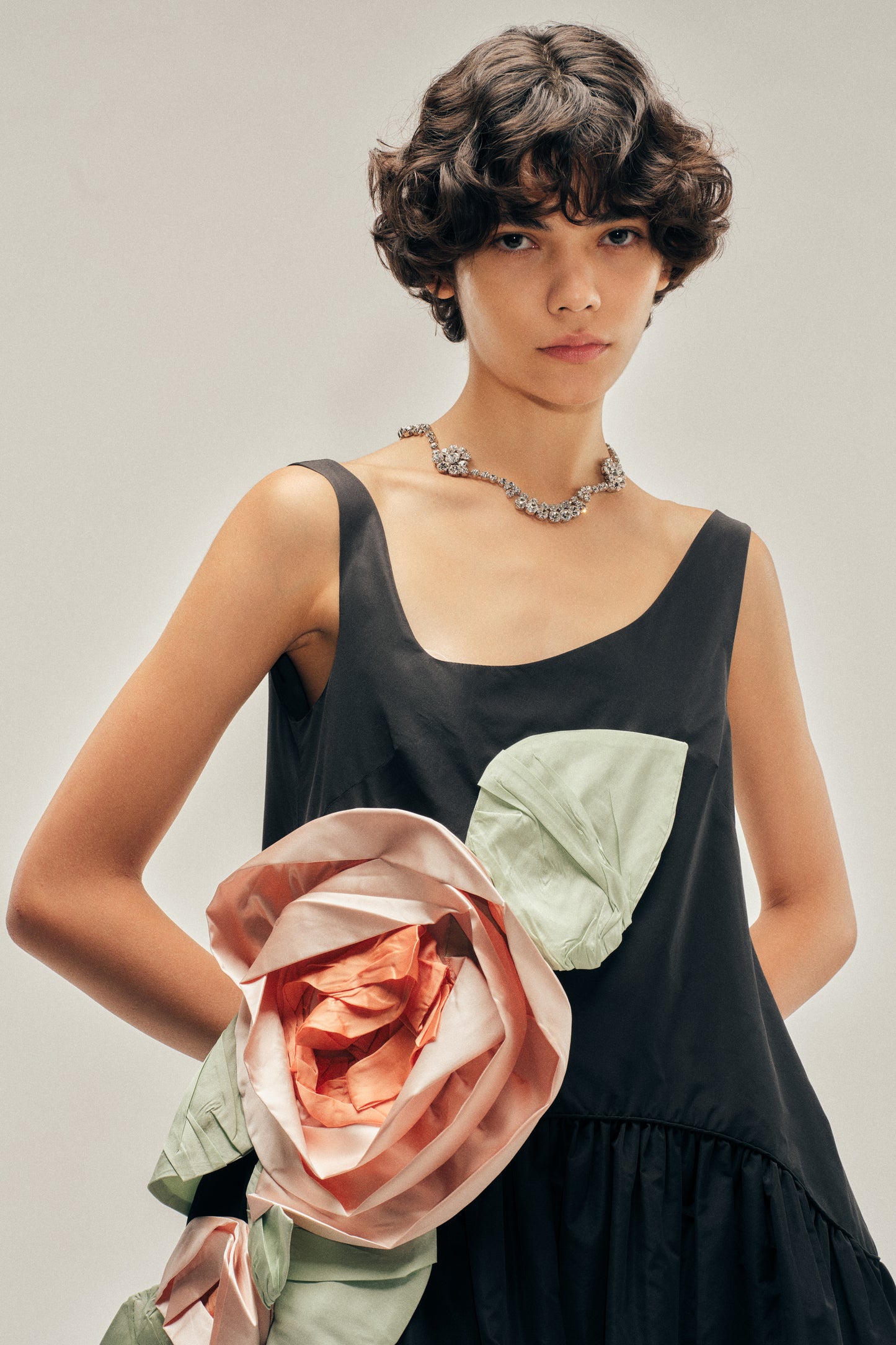 Pressed Rosette Tilted Neck Petal Hem Dress