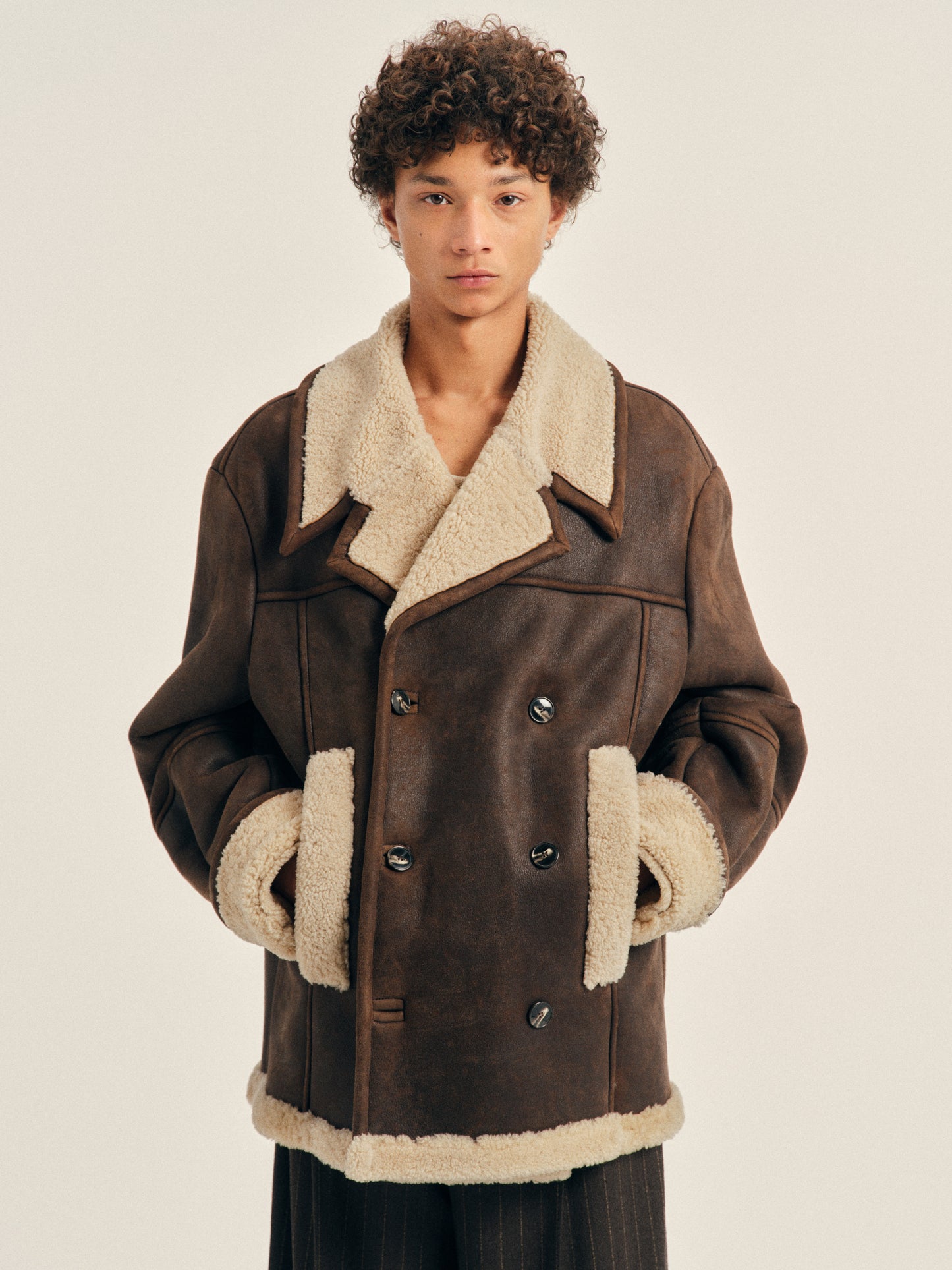 Double Breasted Shearling Aviator Jacket