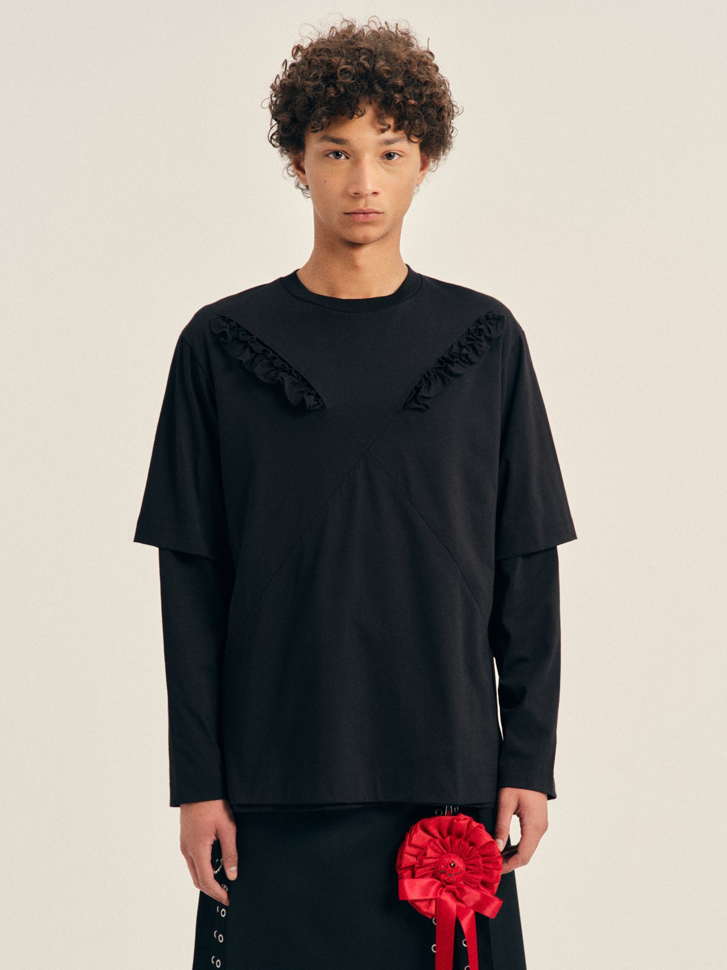 Ruffle Slash Layered Long Sleeve T-Shirt
