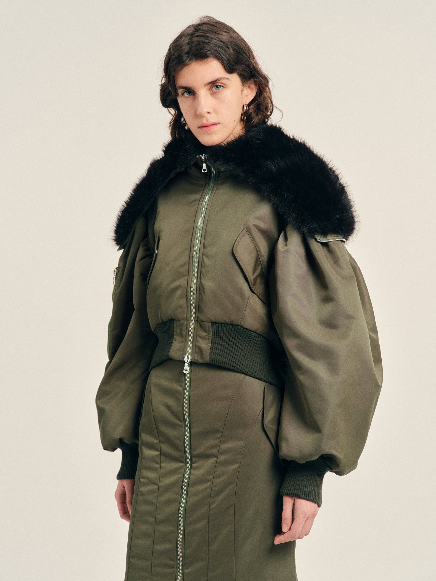 Cropped Split Faux Fur Hood Bomber Jacket