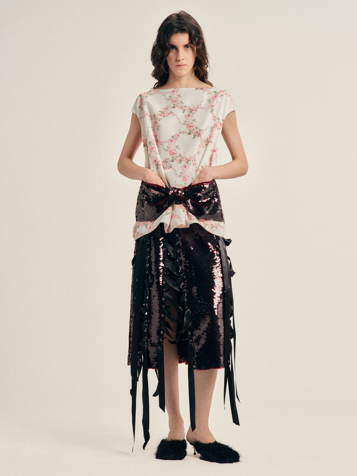 Boxy Peplum Sequin Bow Detail Top