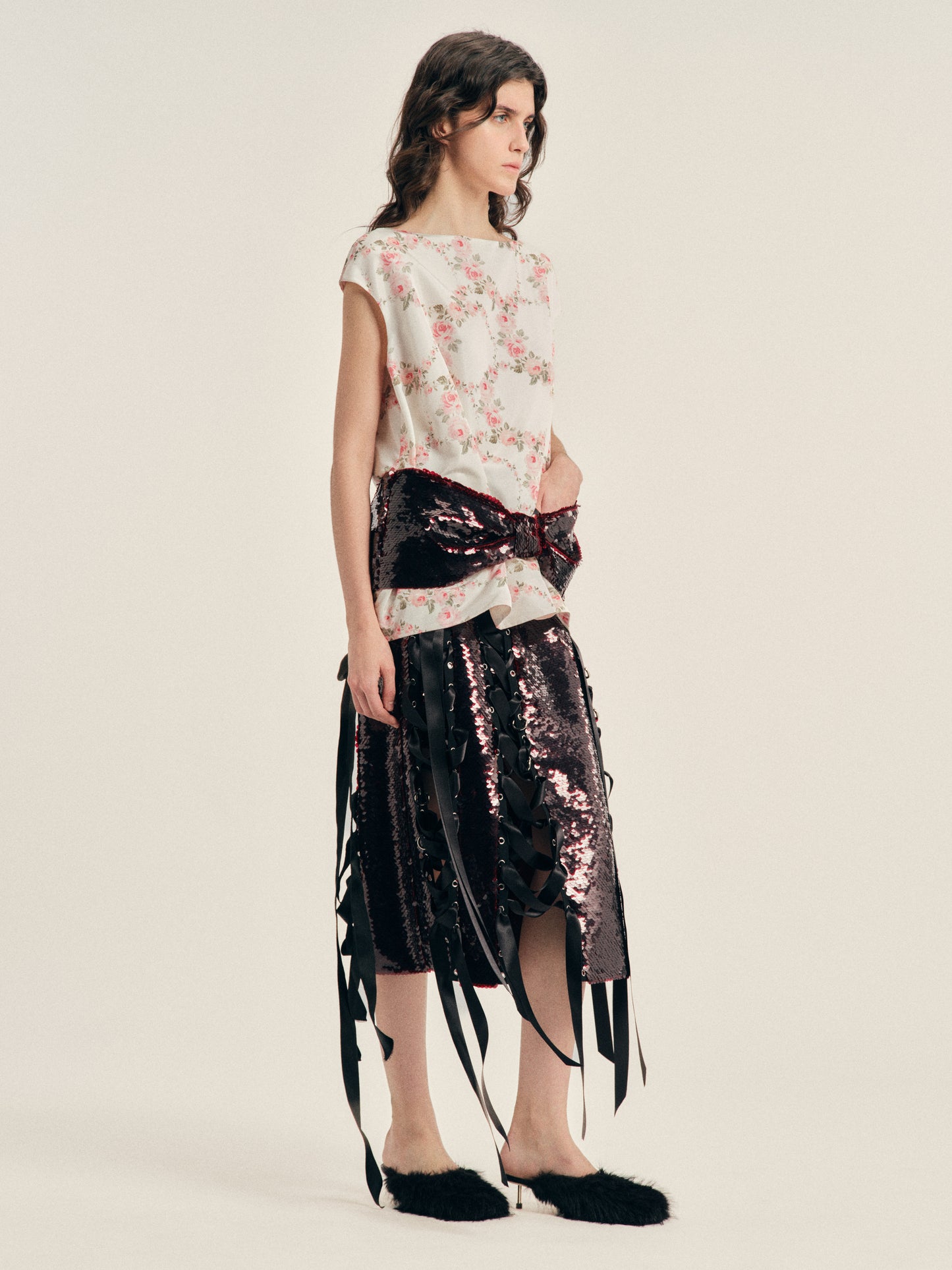 Boxy Peplum Sequin Bow Detail Top