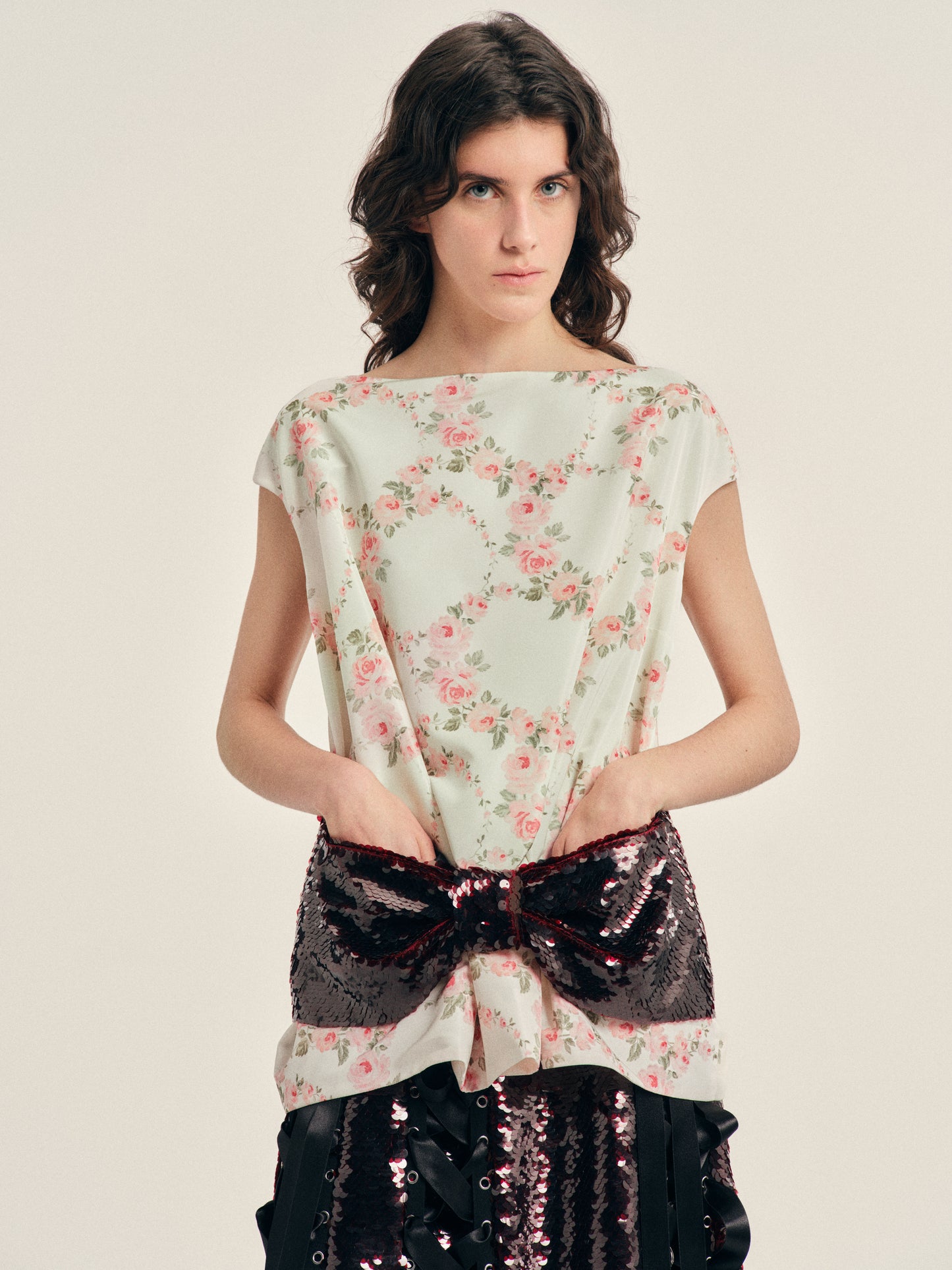Boxy Peplum Sequin Bow Detail Top