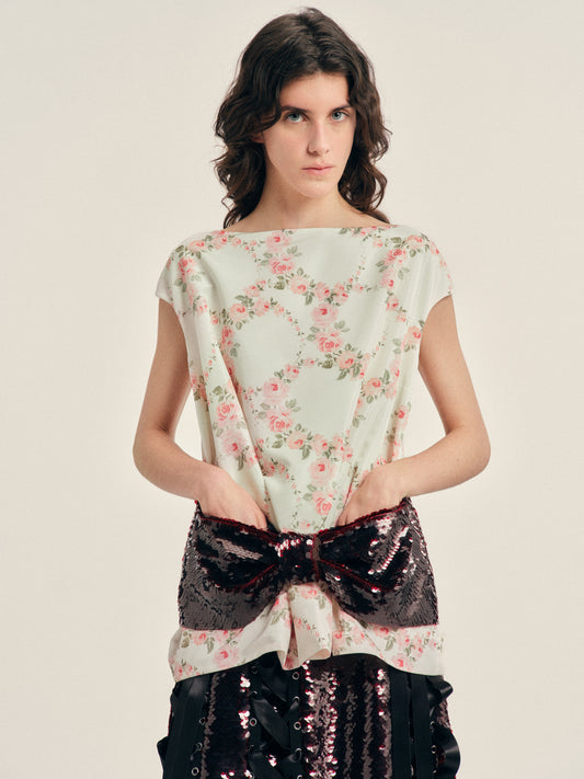 Boxy Peplum Sequin Bow Detail Top