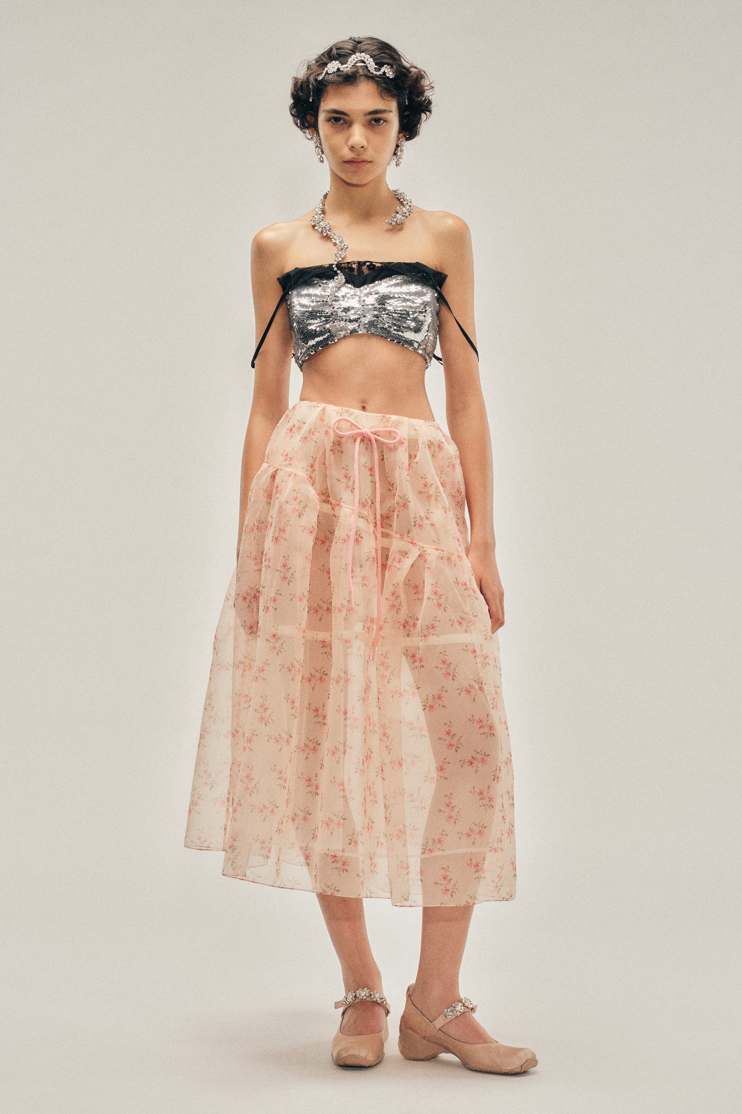 Sheer Overlay Long Flounce Skirt