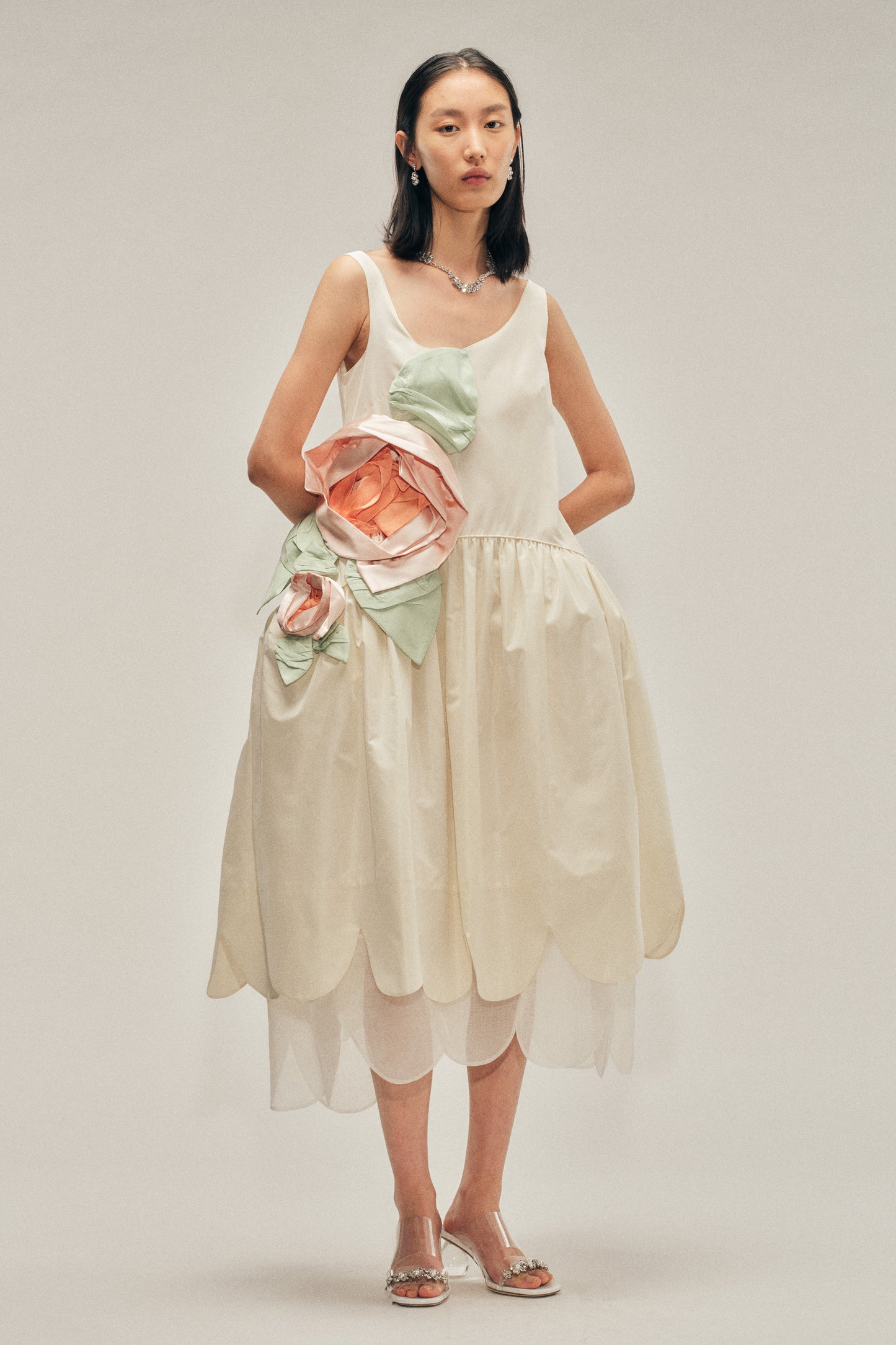 Pressed Rosette Tilted Neck Petal Hem Dress