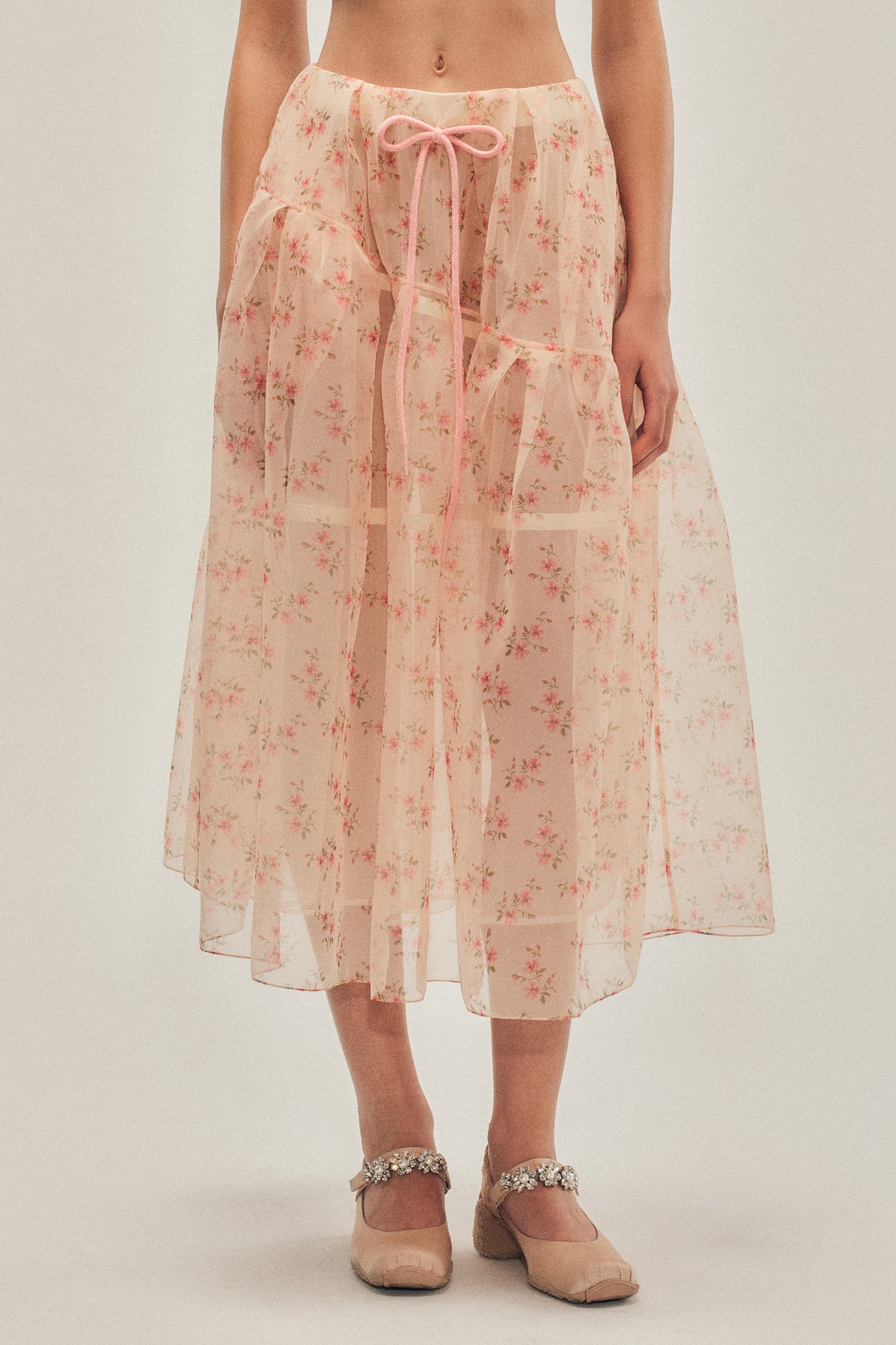 Sheer Overlay Long Flounce Skirt