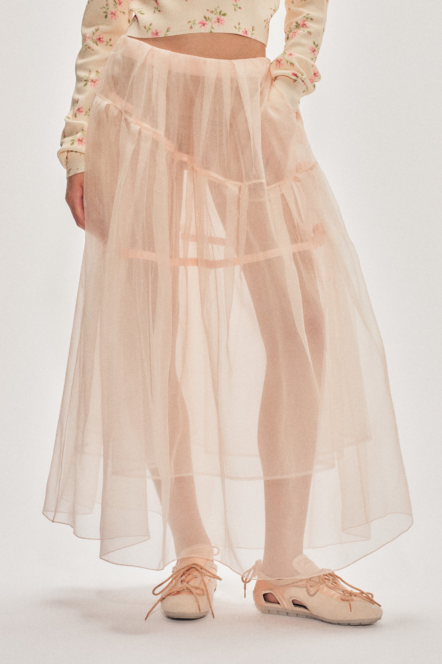 Sheer Overlay Long Flounce Skirt