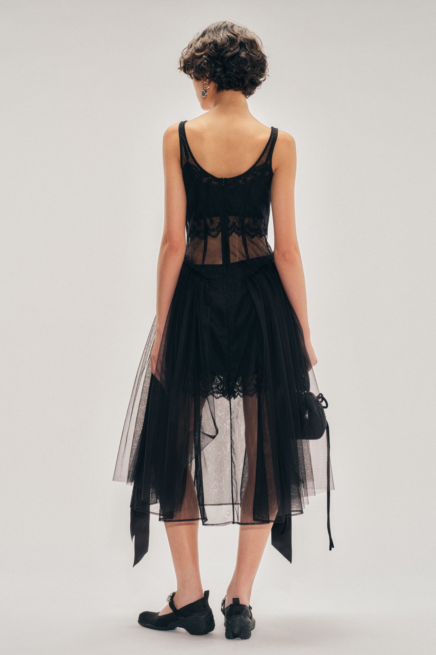 Sheer Sculpted Bow Sash Hip Detail Dress