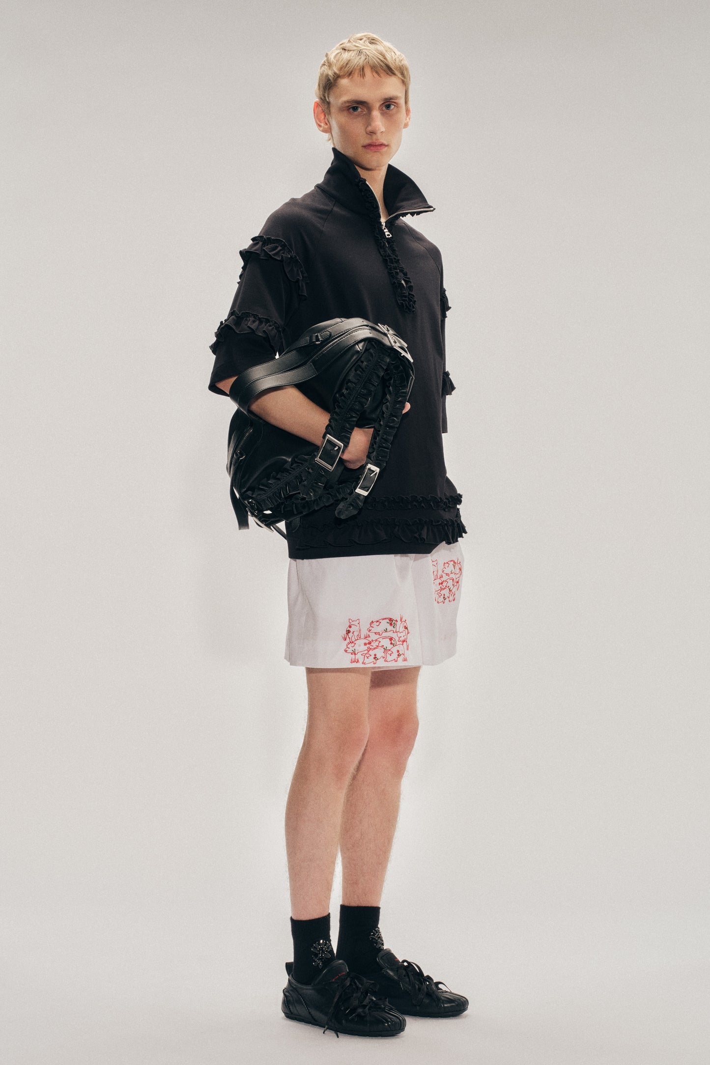 Mock Neck Ruffle Frill Zip T-Shirt