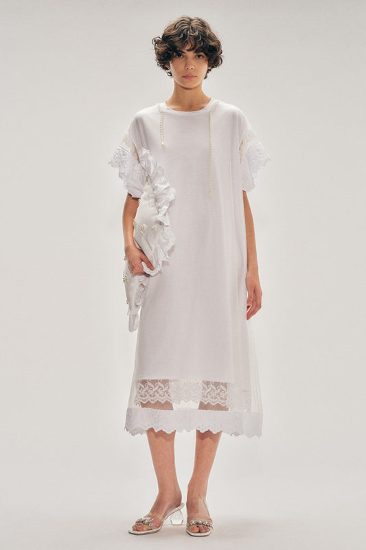 Beaded Layered Liquid Lace Trim Smock Dress