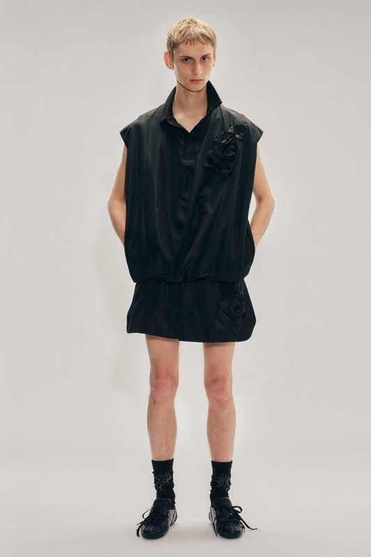 Draped Bubble Hem Pressed Rosette Top