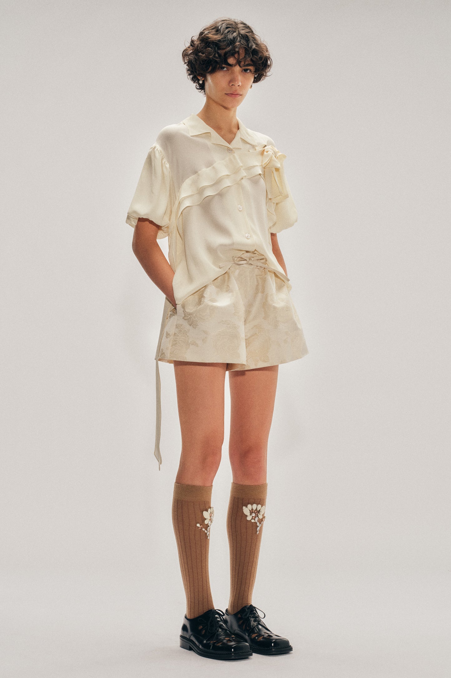 Cropped Puff Sleeve Bow Sash Shirt
