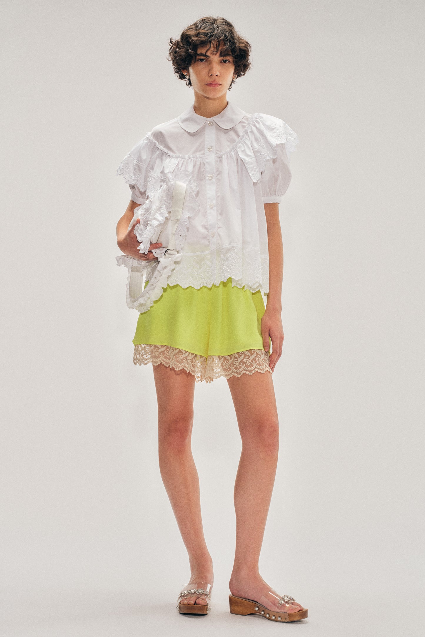 Cropped Puff Sleeve Ruffle Frill Trim Shirt