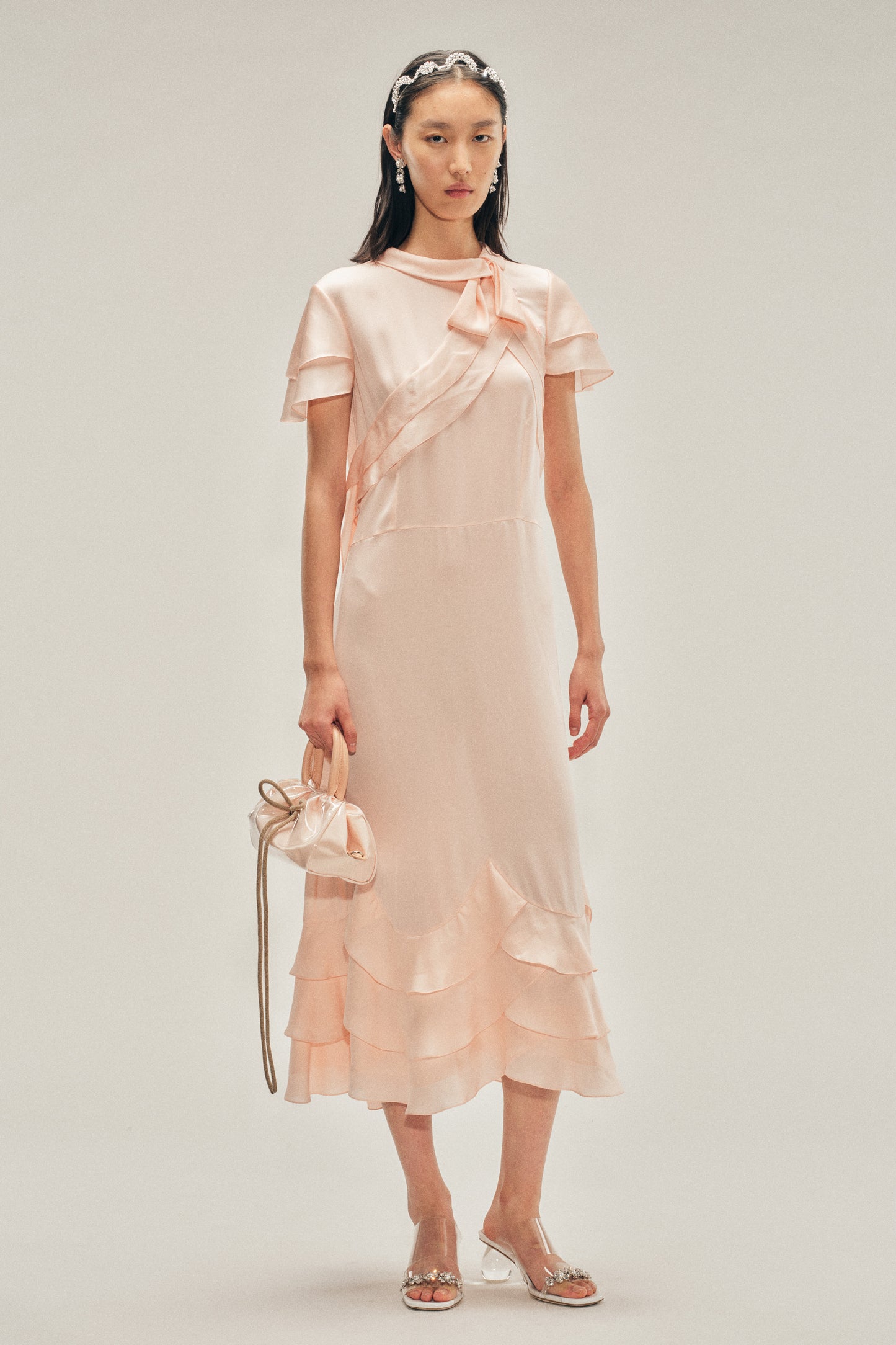 Peeling Scalloped Hem Petal Bow Sash Dress