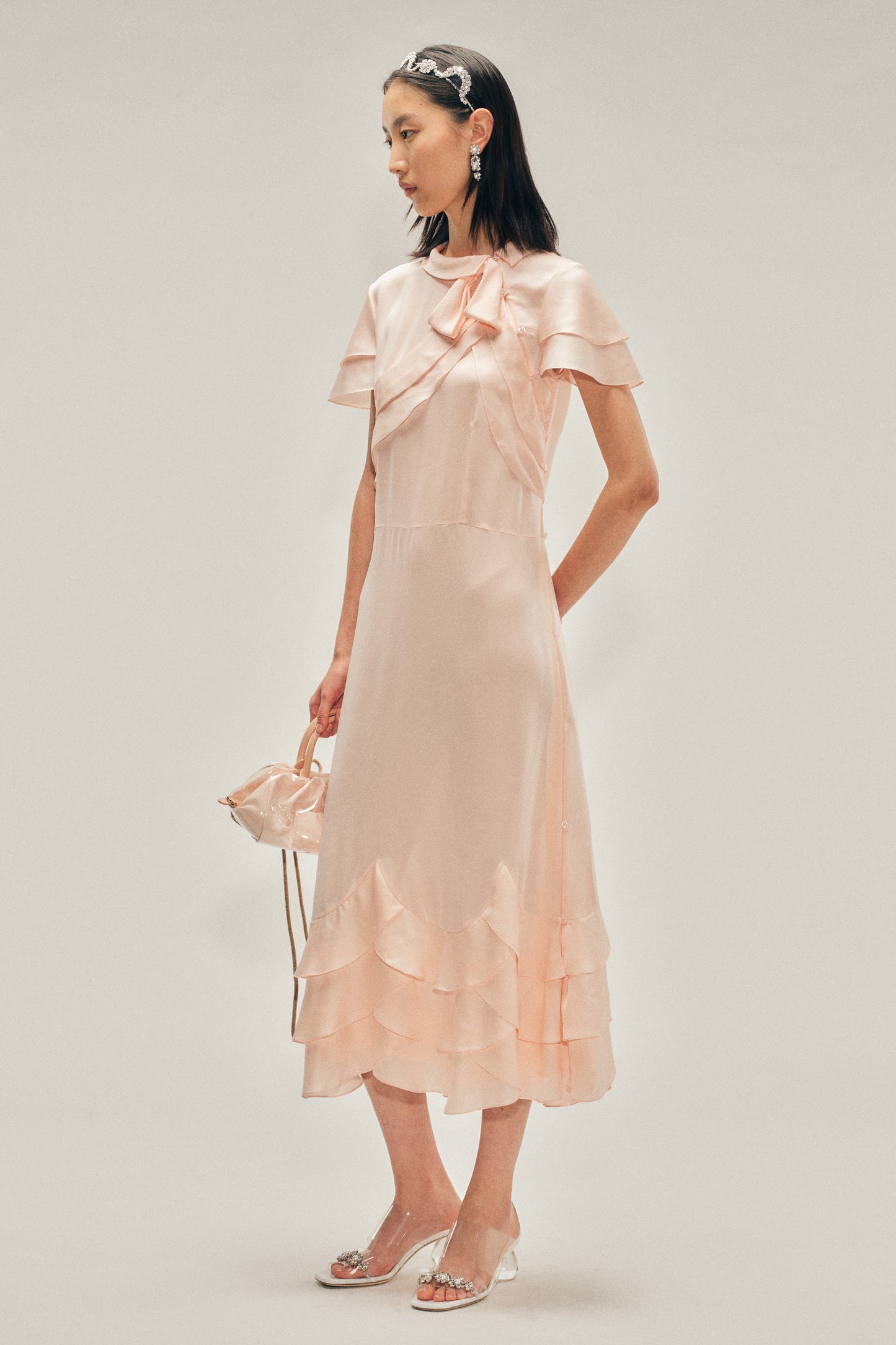Peeling Scalloped Hem Petal Bow Sash Dress