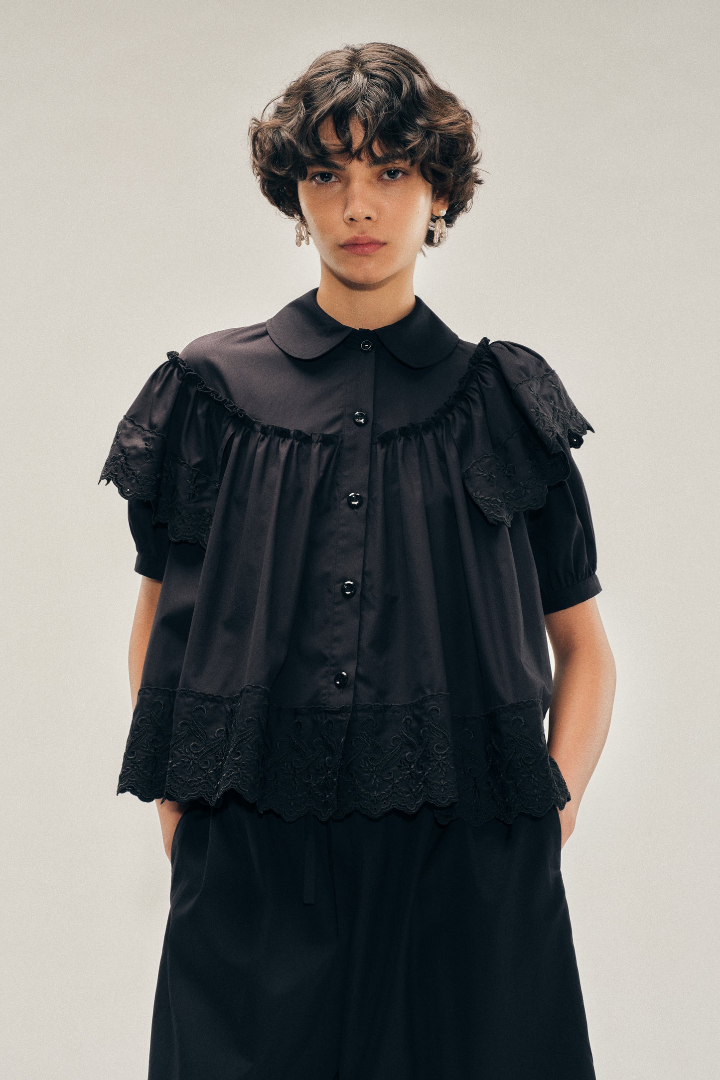 Cropped Puff Sleeve Ruffle Frill Trim Shirt
