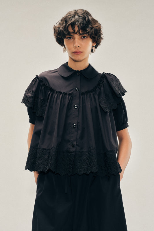 Cropped Puff Sleeve Ruffle Frill Trim Shirt