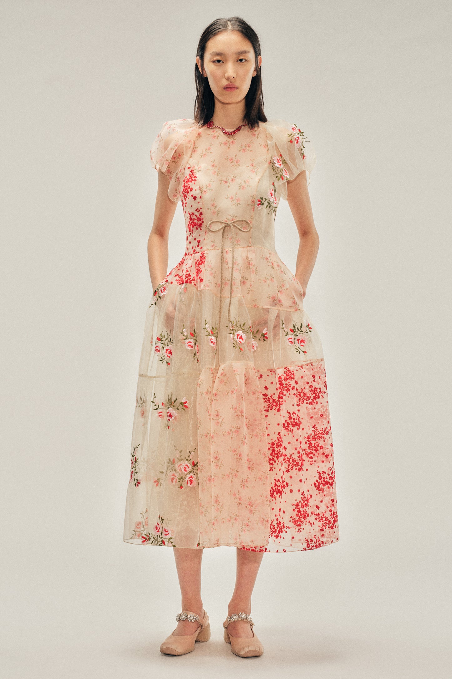 Sheer Puff Sleeve Patchwork Flounce Dress