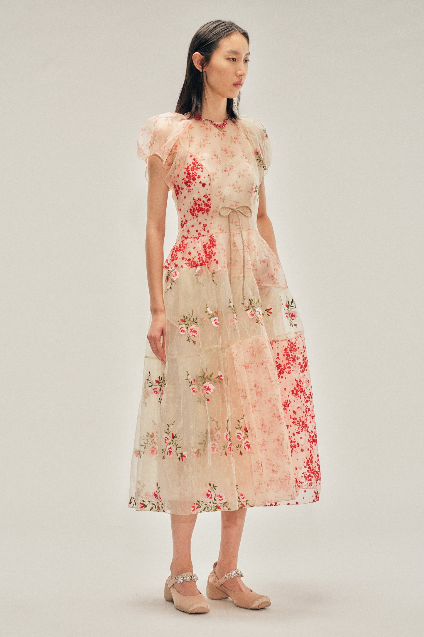 Sheer Puff Sleeve Patchwork Flounce Dress