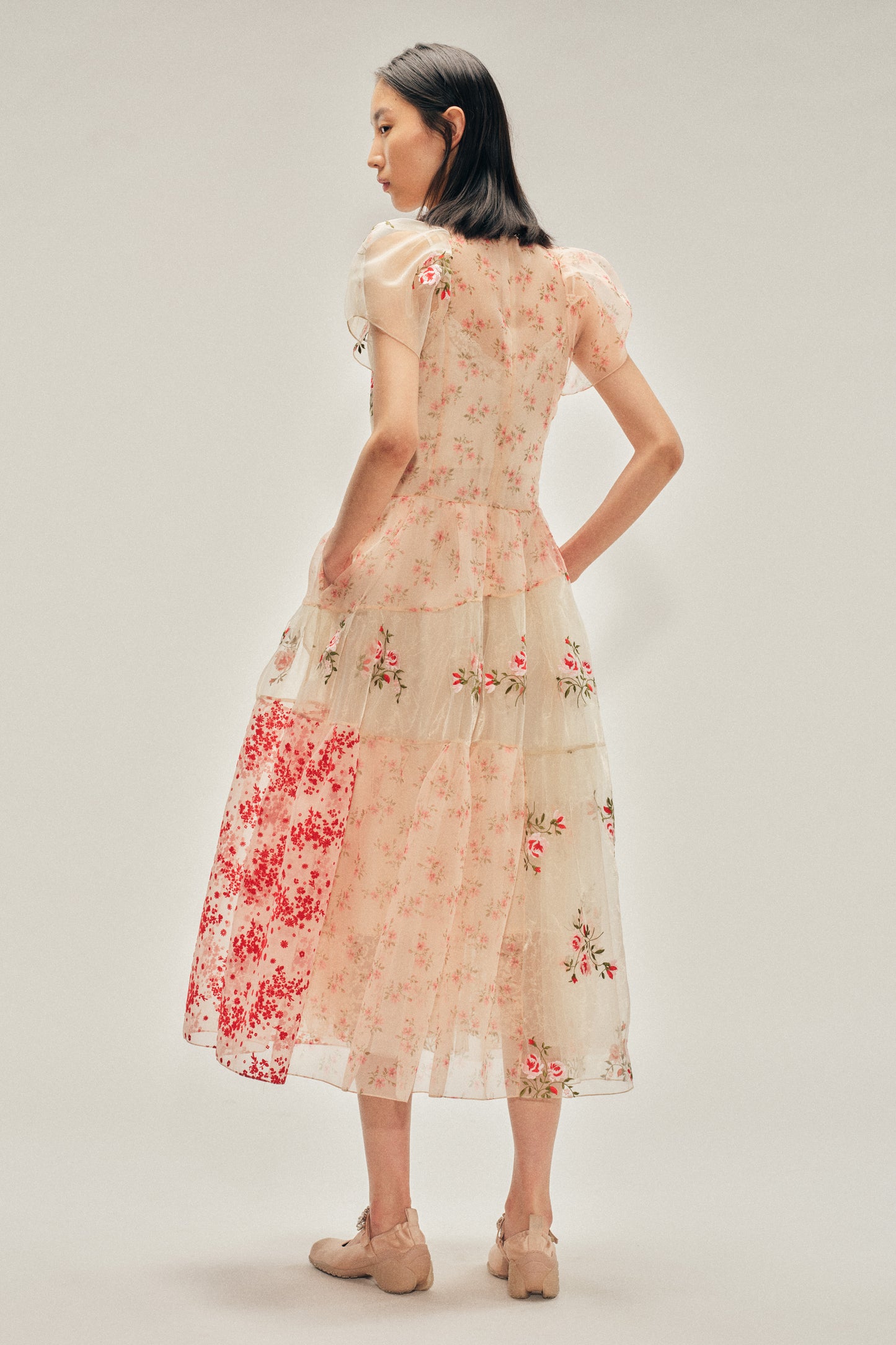 Sheer Puff Sleeve Patchwork Flounce Dress