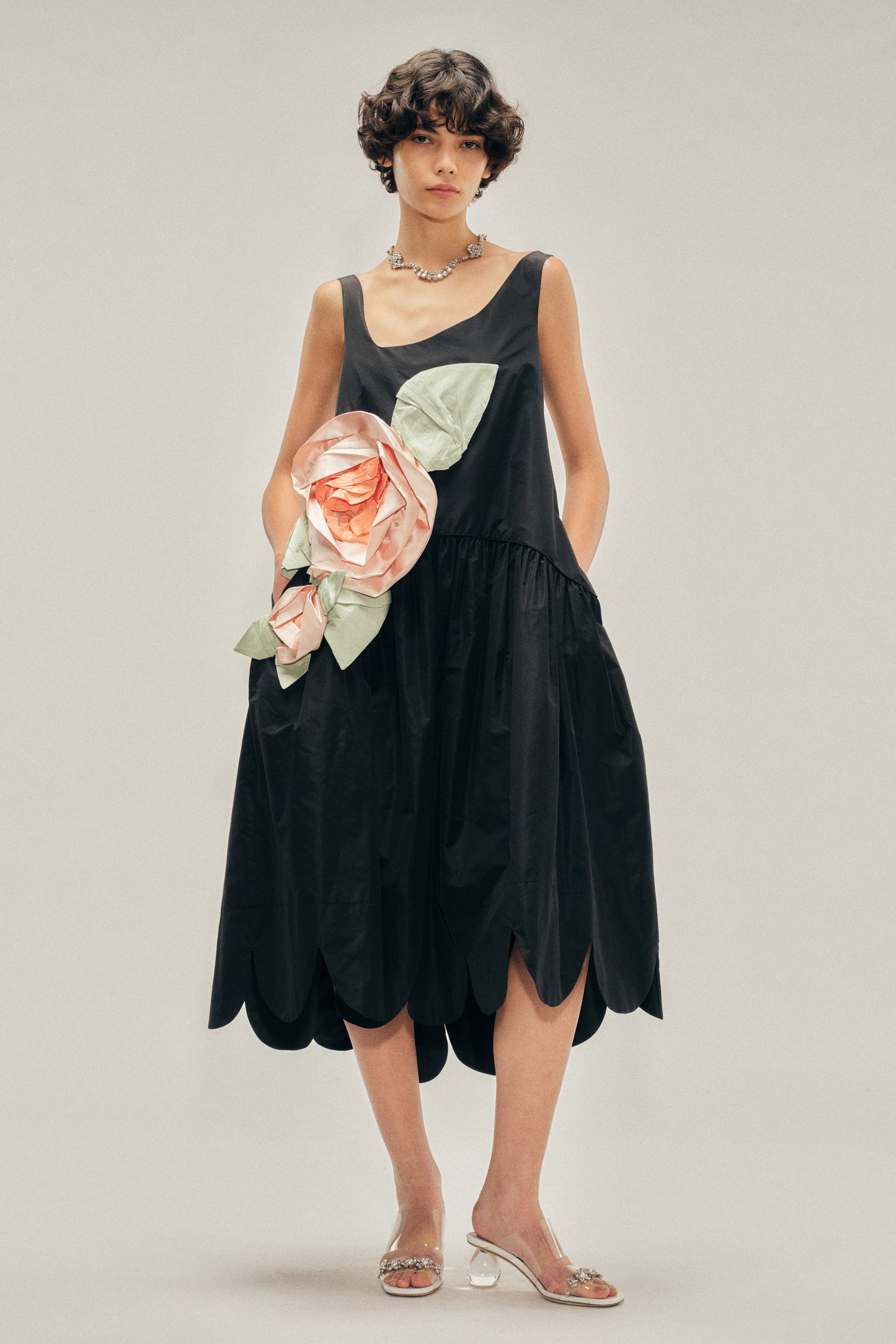 Pressed Rosette Tilted Neck Petal Hem Dress