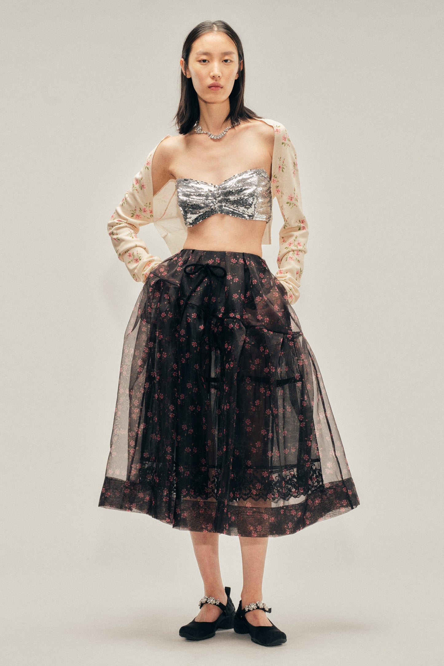 Sheer Overlay Long Flounce Skirt