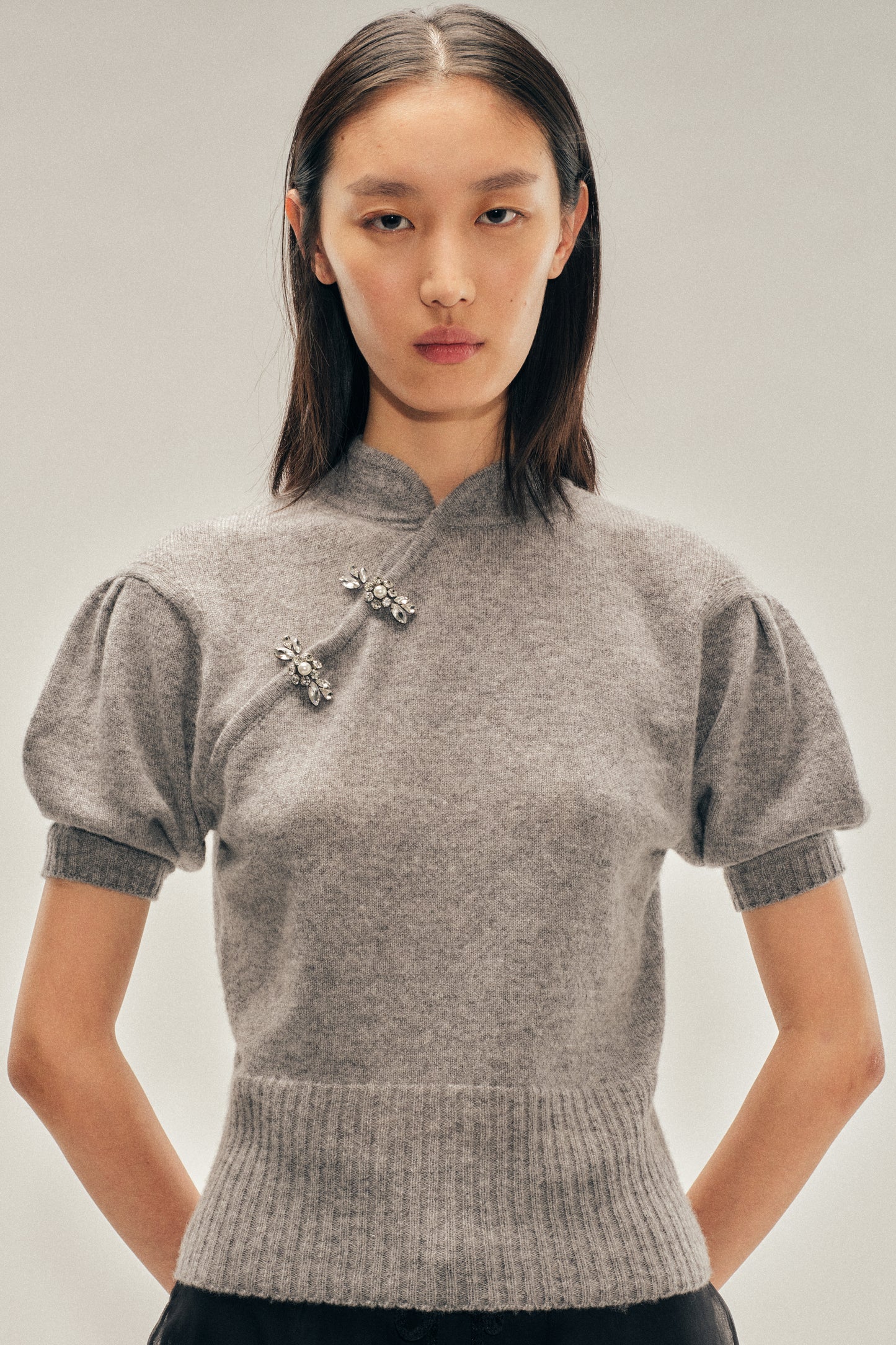 Embellished Mandarin Collar Cashmere Jumper