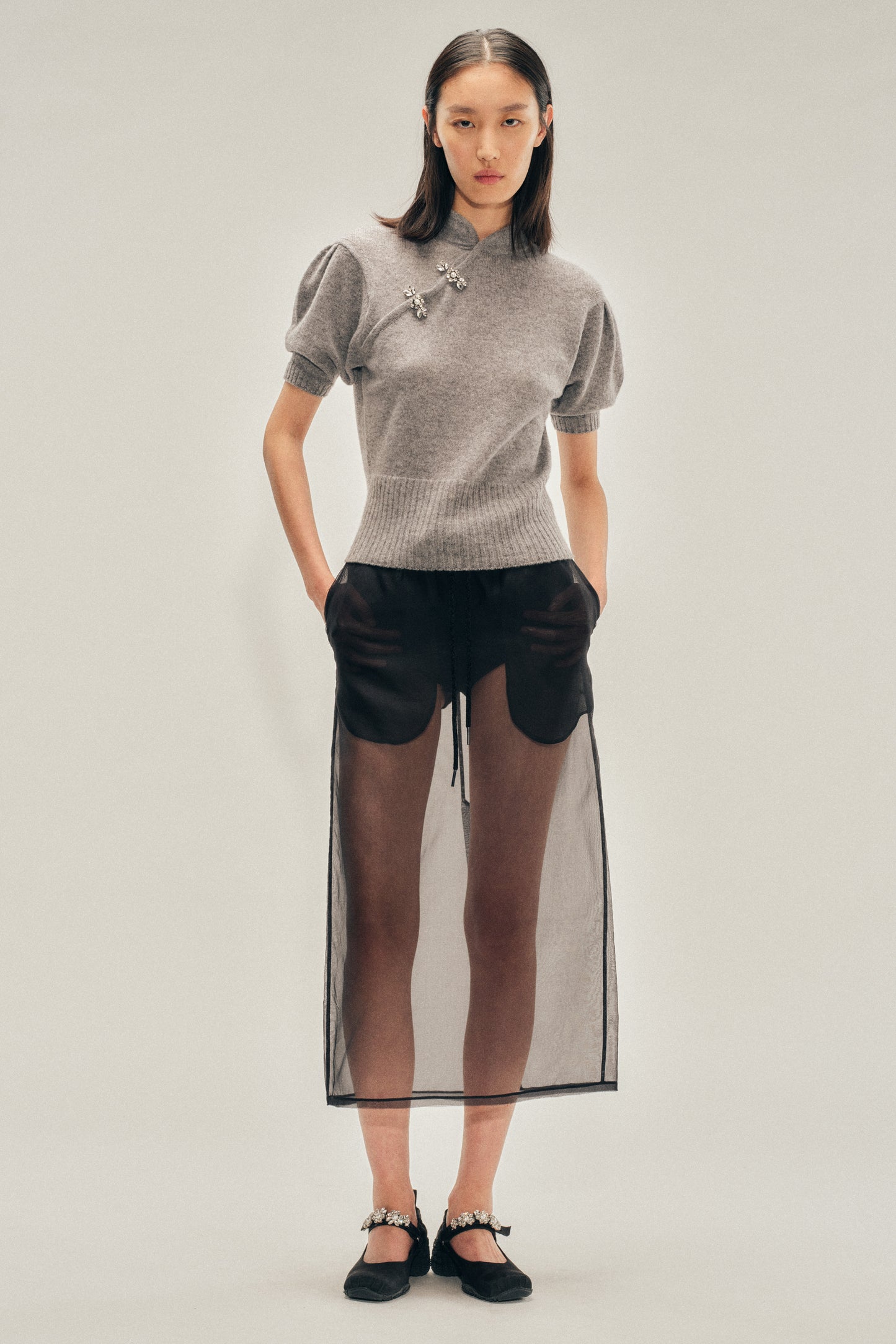 Sheer Frayed Column Pencil Skirt