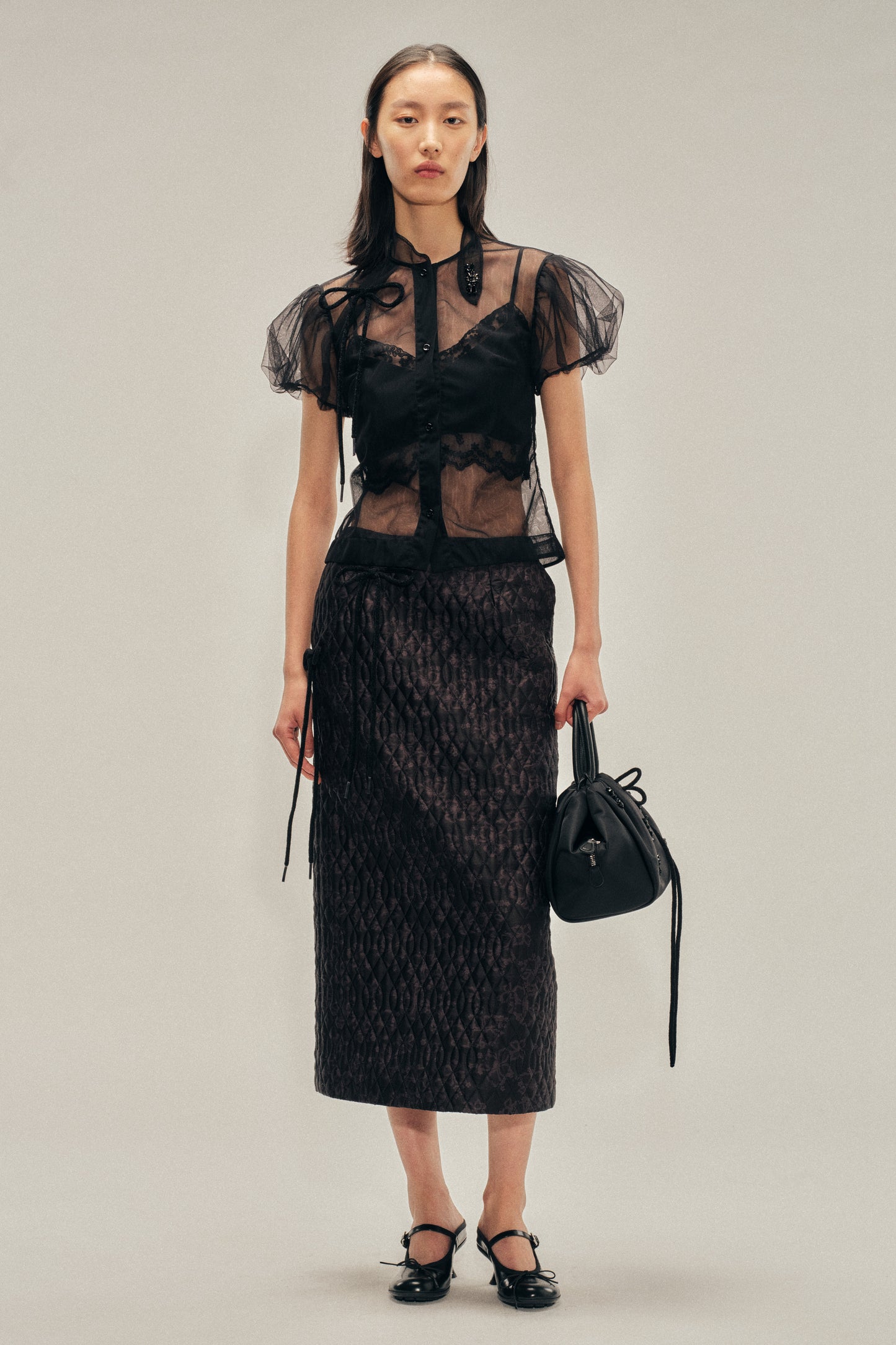 Embellished Sheer Offset Fragment Collar Puff Sleeve Shirt