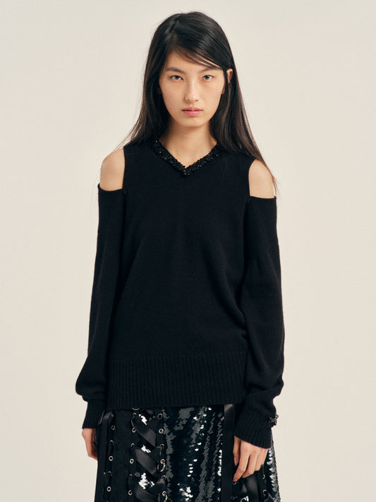 Embellished Relaxed Cashmere Slash V-Neck Jumper