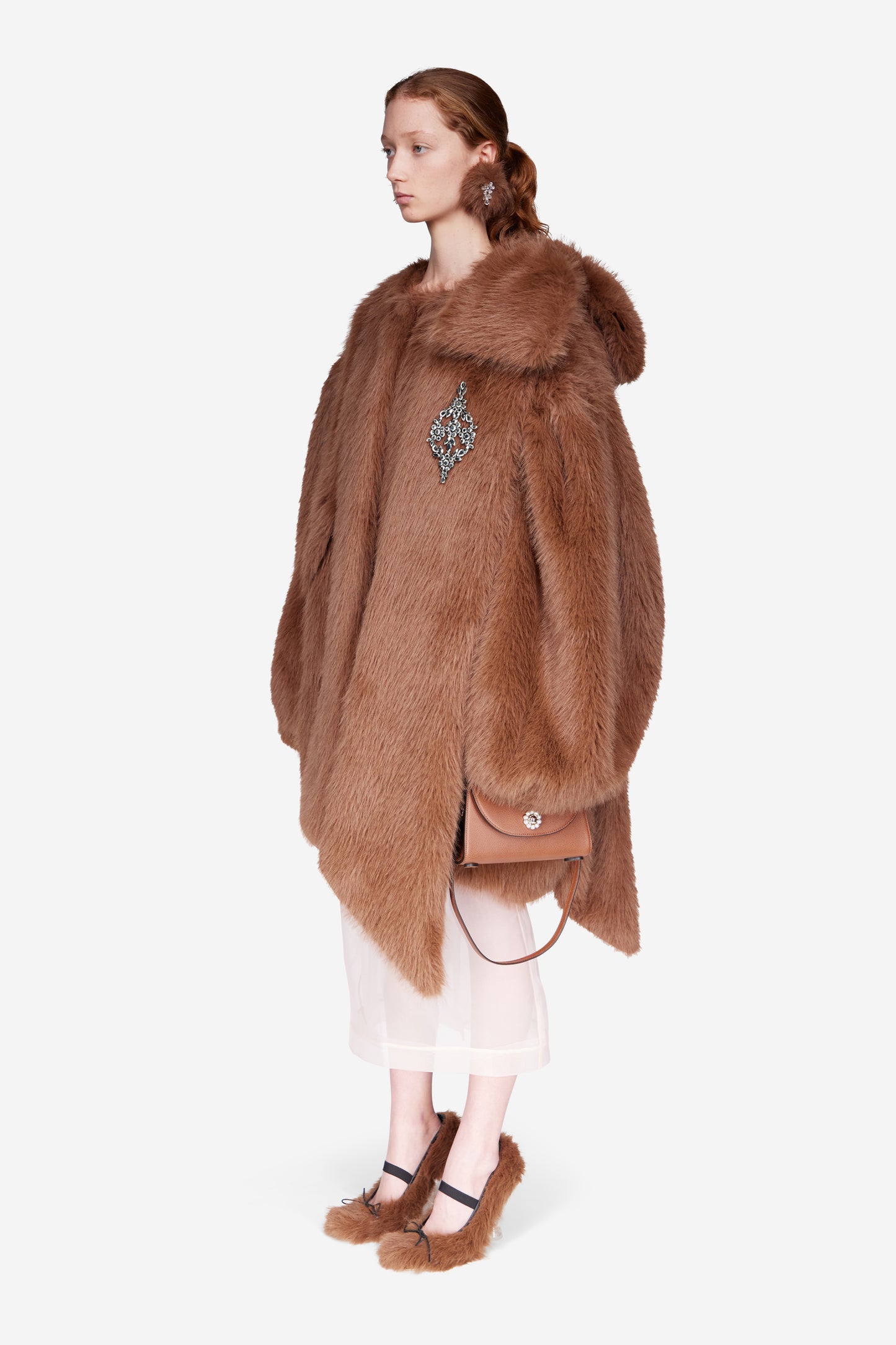 Embellished Faux Fur Coccoon Bow Coat