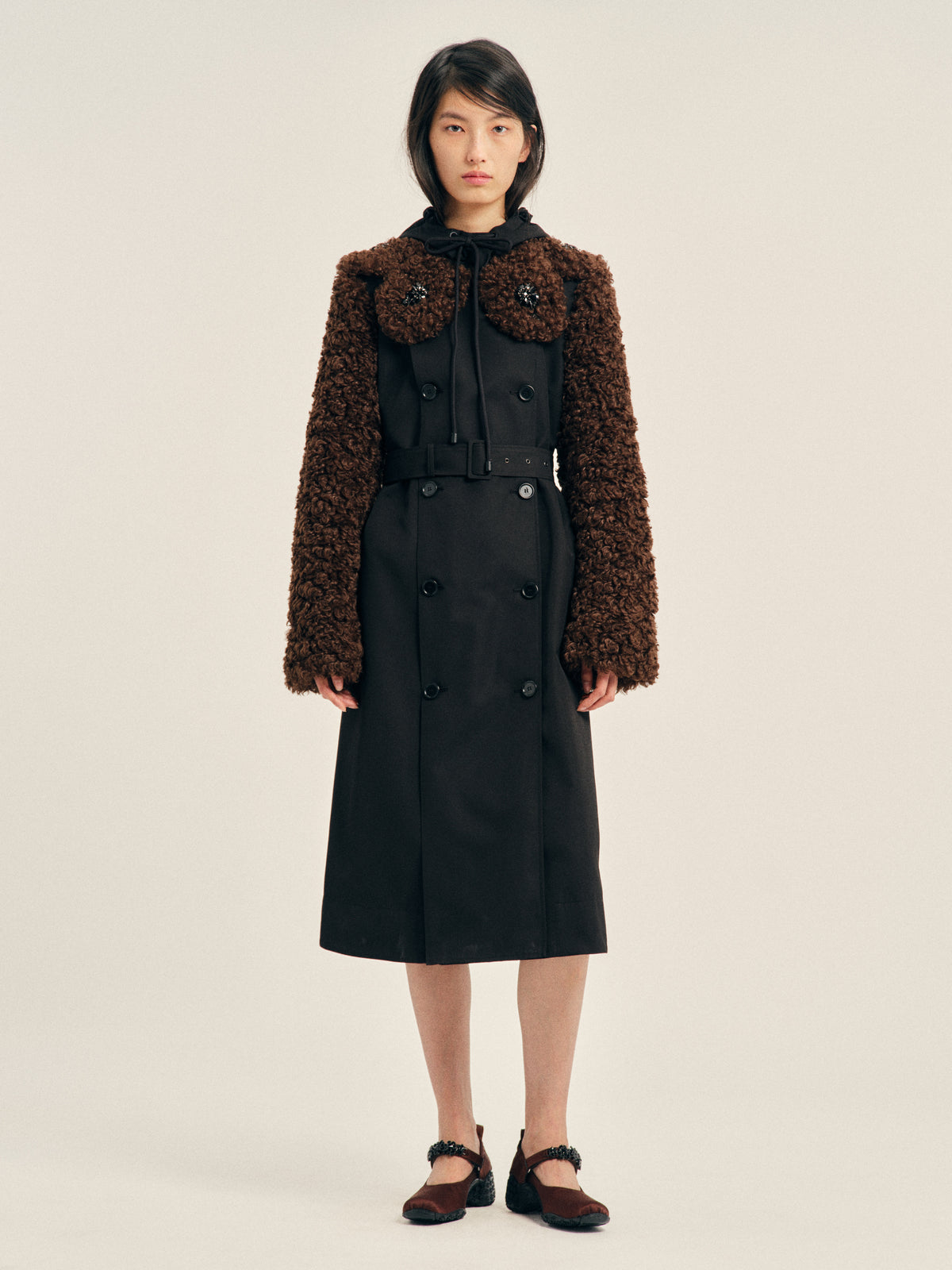 Embellished Faux Fur Detail Petal Collar Trench Coat