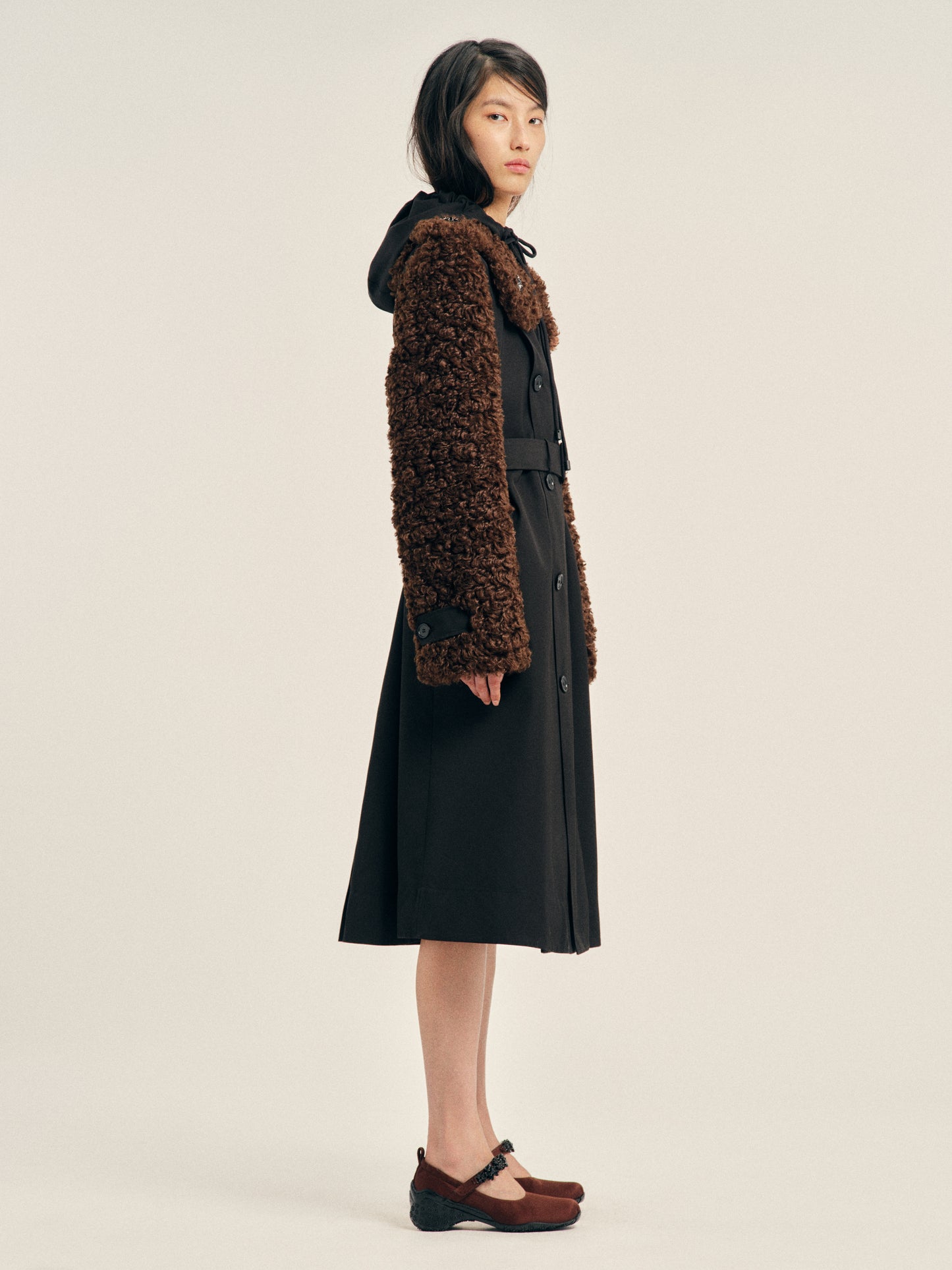 Embellished Faux Fur Detail Petal Collar Trench Coat