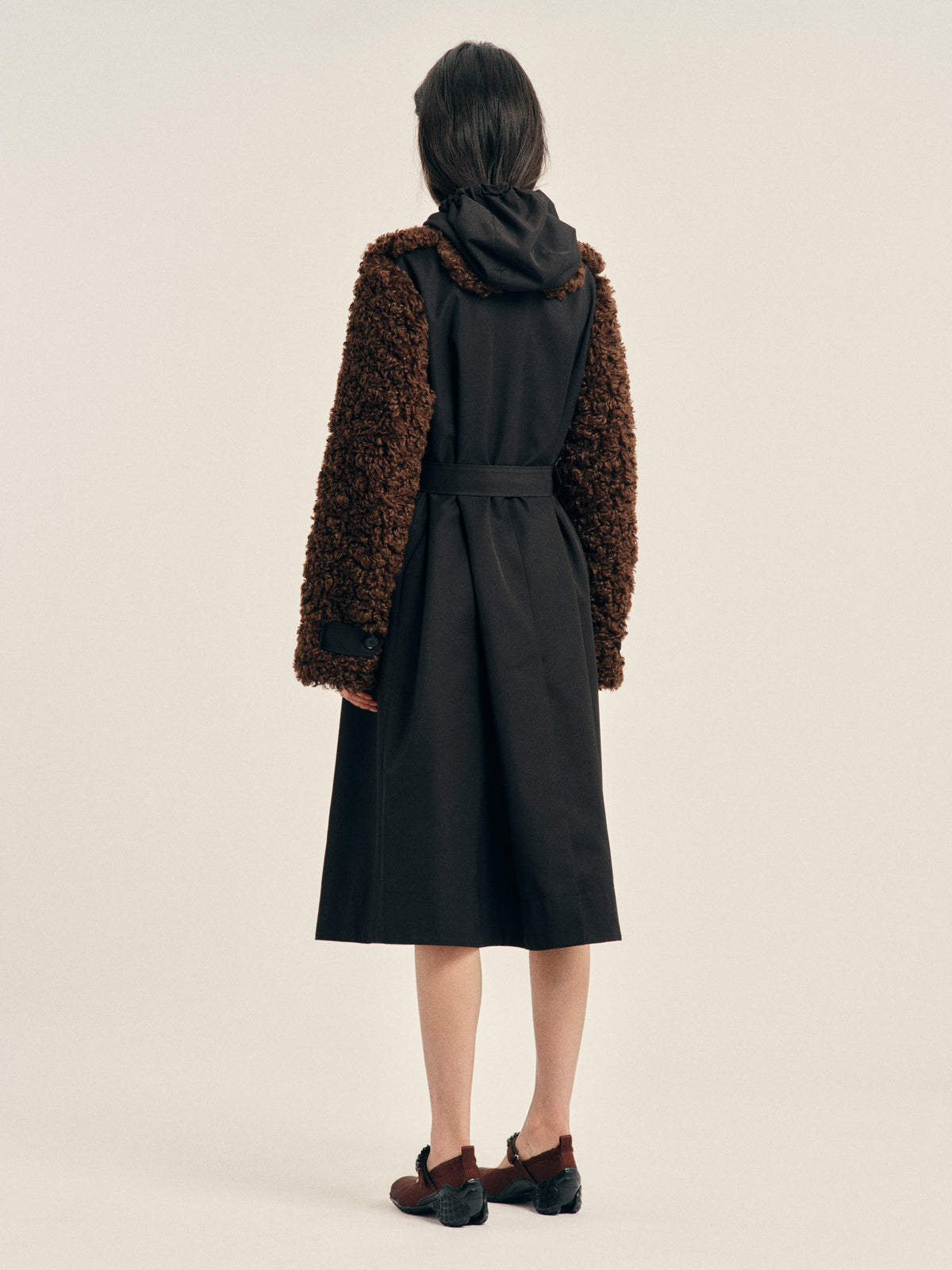 Embellished Faux Fur Detail Petal Collar Trench Coat