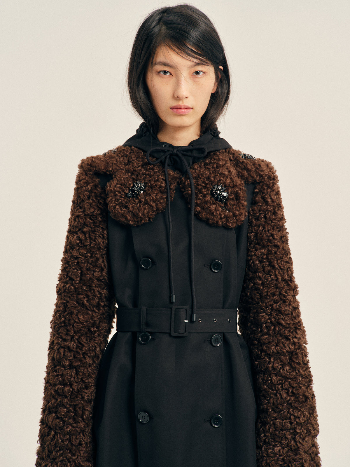 Embellished Faux Fur Detail Petal Collar Trench Coat