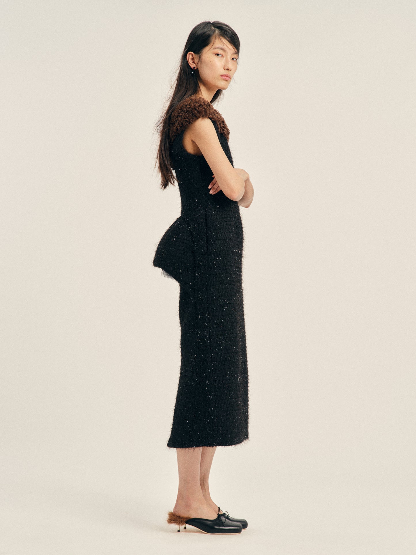 Faux Fur Detail Portrait Bustle Dress