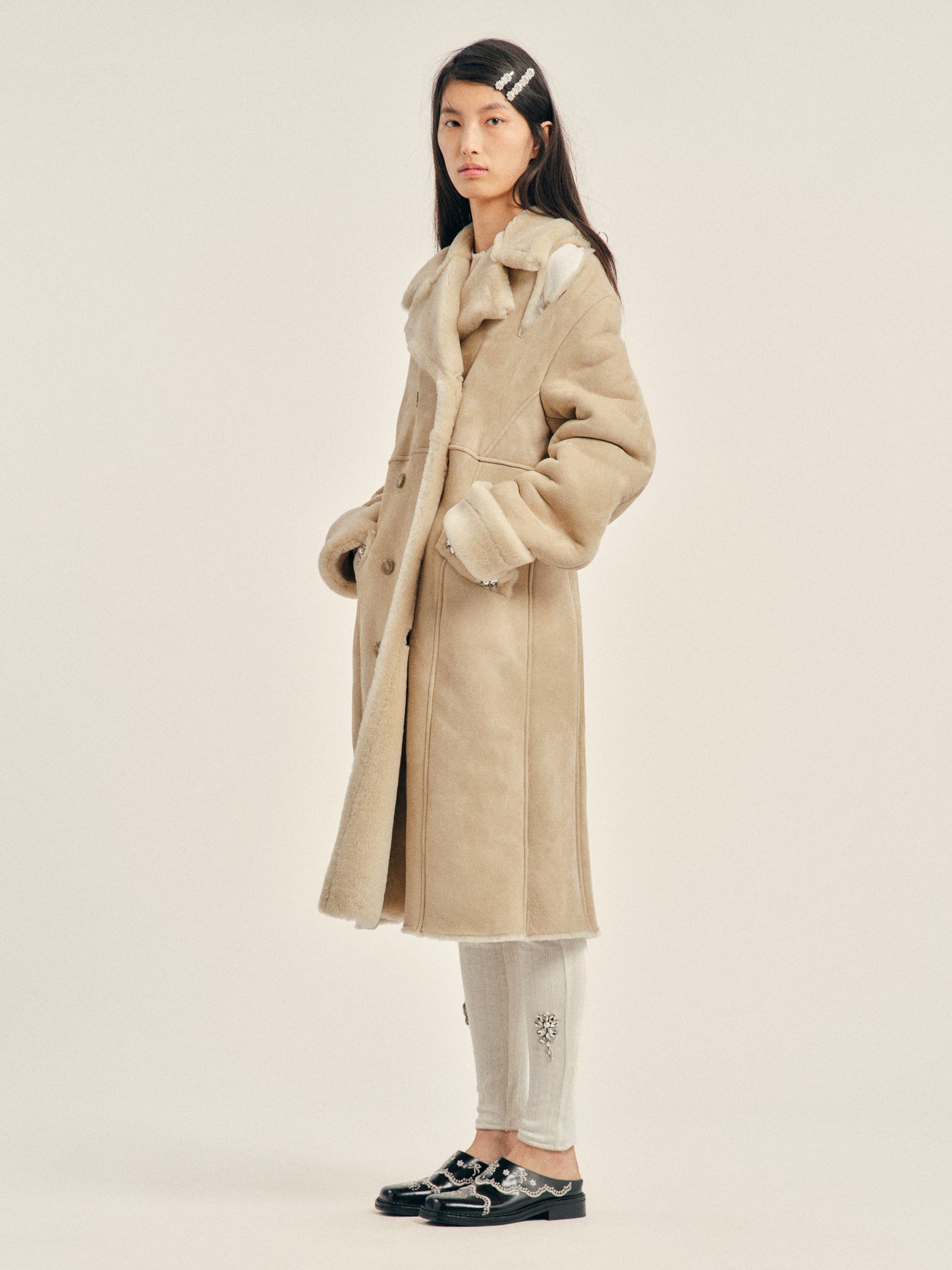 Embellished Double Breasted Sheepskin Slash Coat