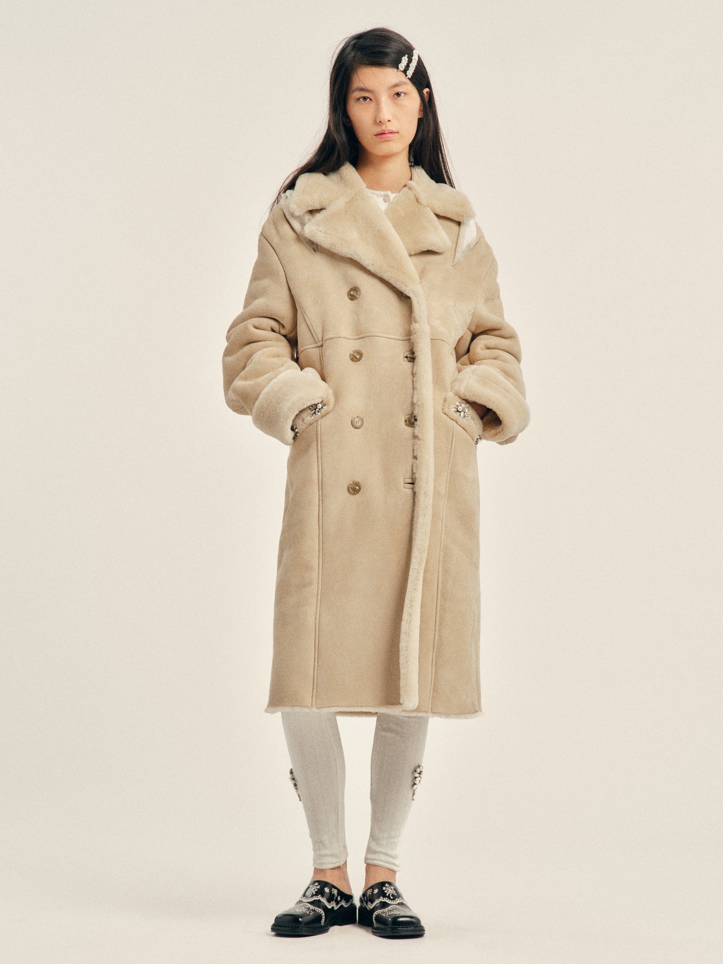 Embellished Double Breasted Sheepskin Slash Coat