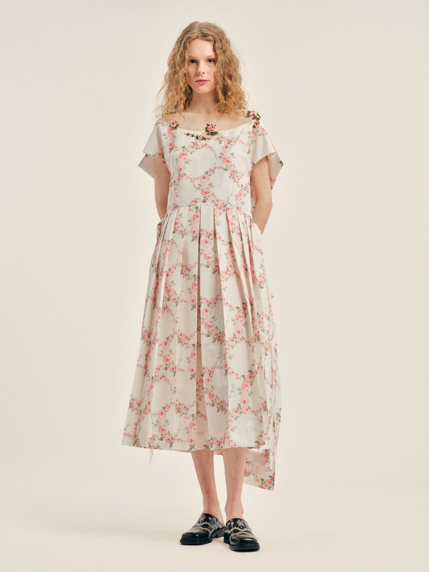 Embellished Pleated Sheer Back Panel Flare Dress