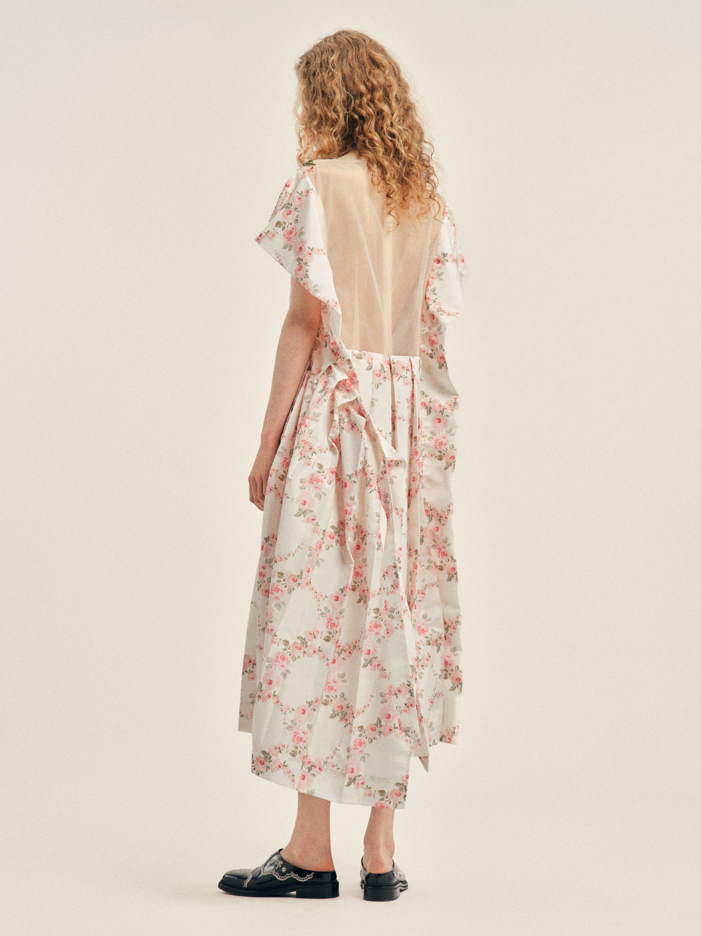 Embellished Pleated Sheer Back Panel Flare Dress