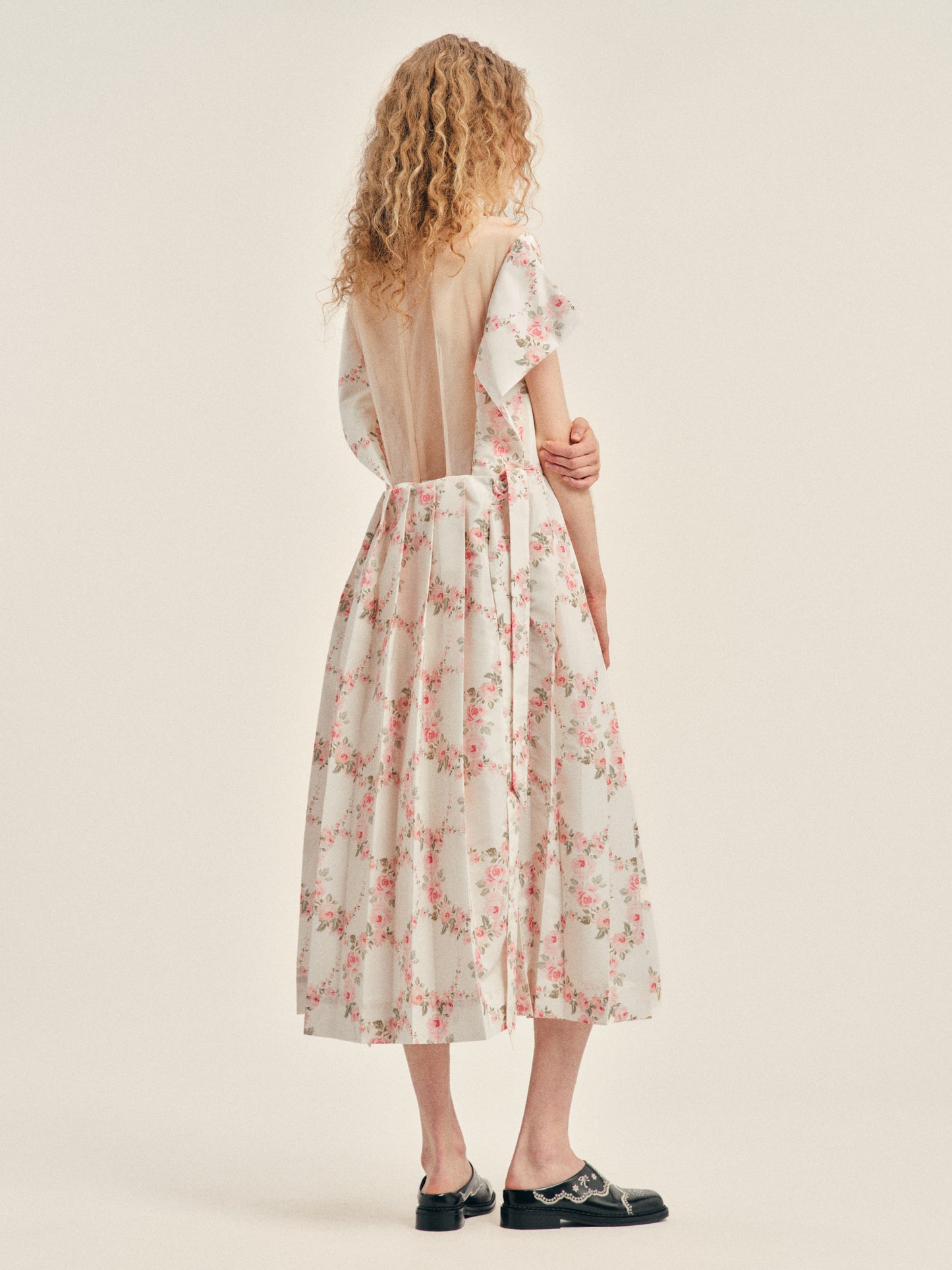 Embellished Pleated Sheer Back Panel Flare Dress