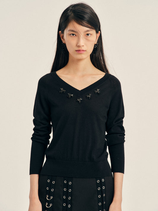 Turbo Embellished Merino Silk Double V-Neck Jumper