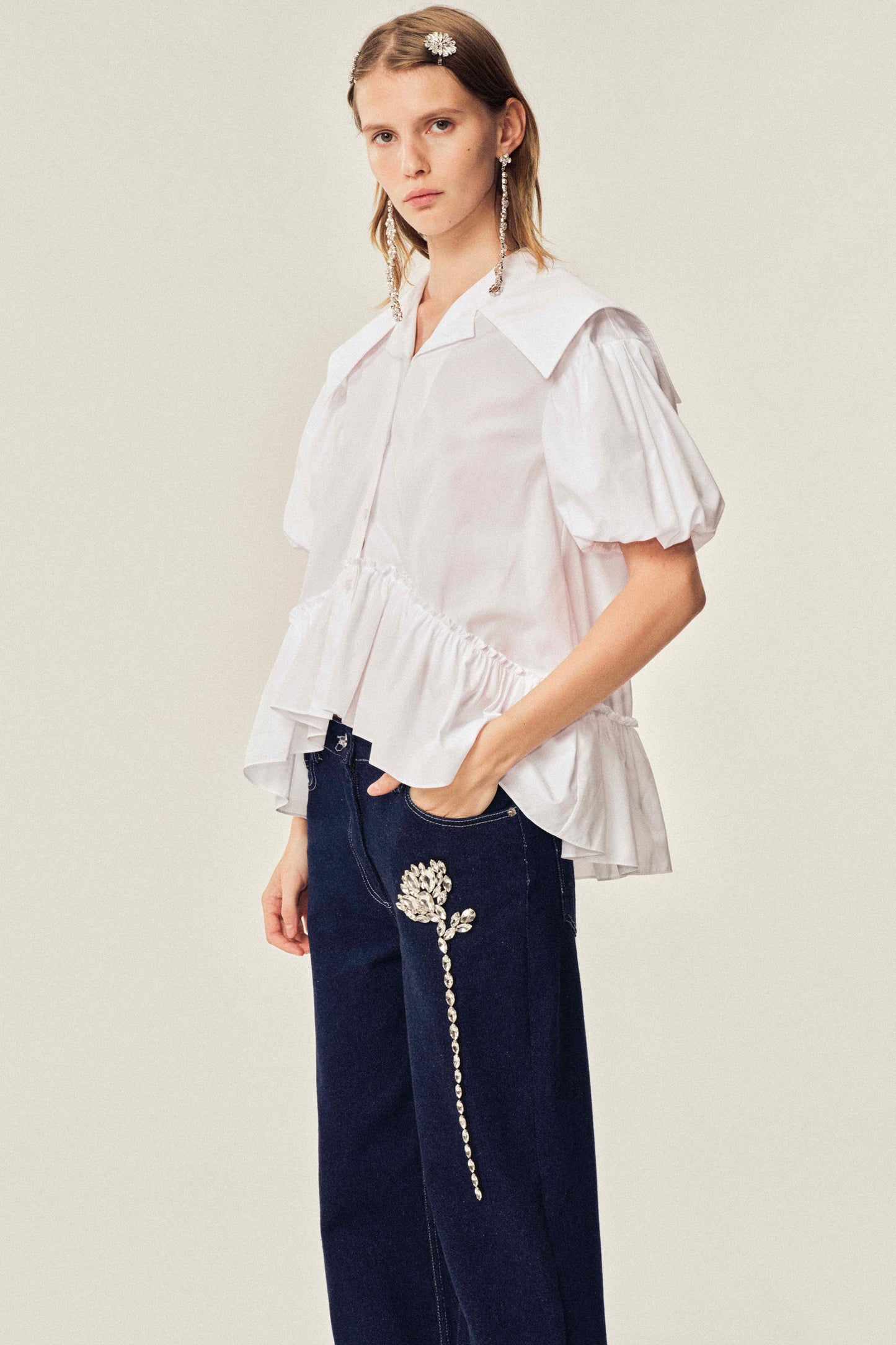 Cropped Sailor Collar Puff Sleeve Shirt