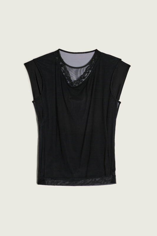 Layered Liquid Cap Sleeve Lace Trim T-Shirt