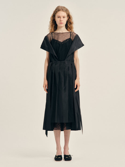 Pleated Sheer Panel Flare Dress