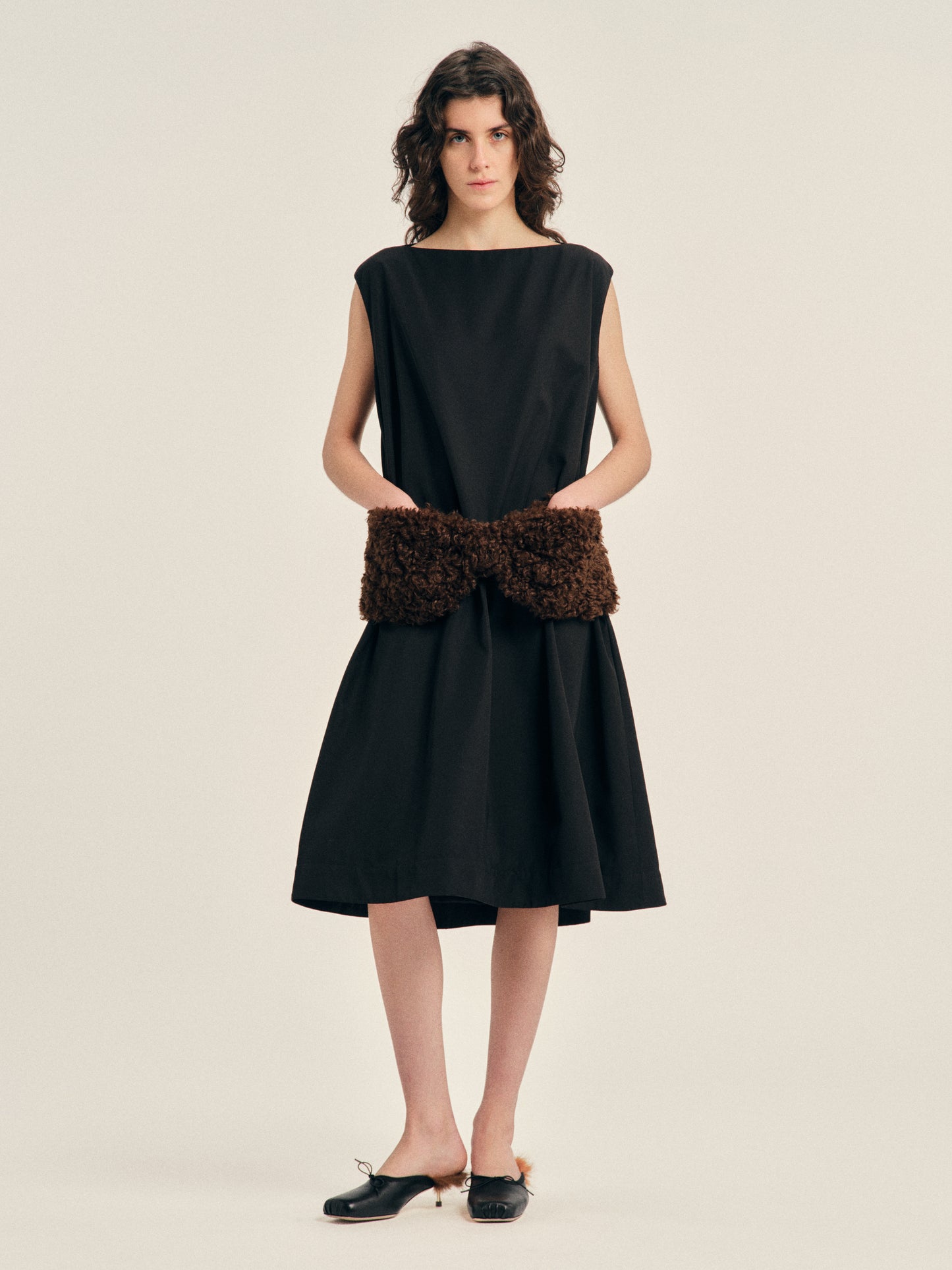 Boxy Peplum Faux Fur Bow Detail Dress